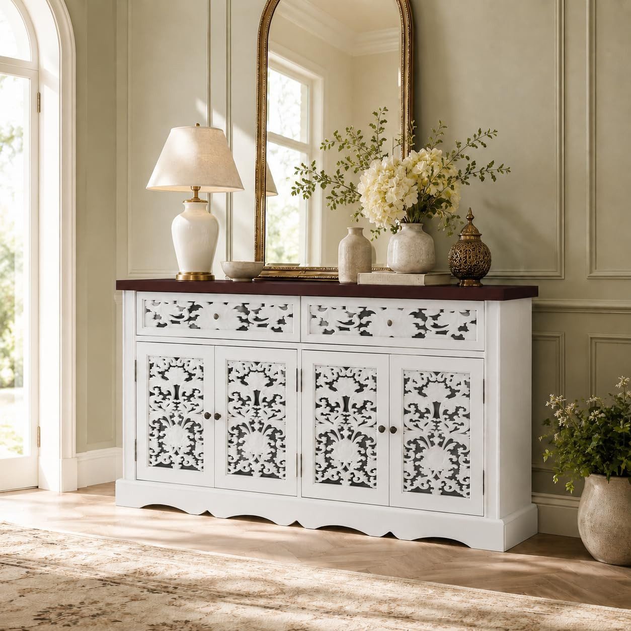 FUFU&GAGA Sideboard mit Schnitzfront, Vintage Landhaus Kommode, Weiß & Holz