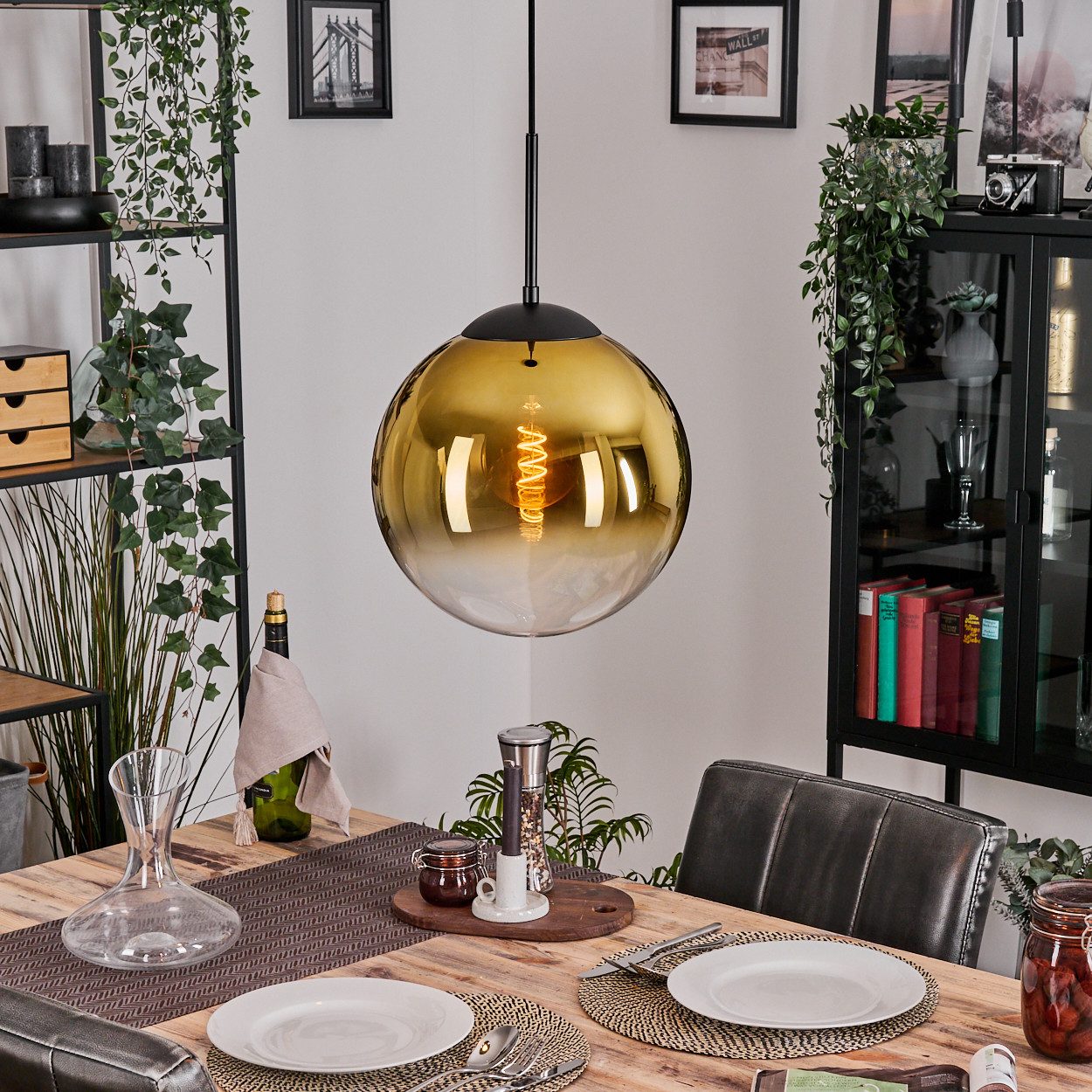 hofstein Hängeleuchte moderne vintage Hängelampe aus Metall/Glas in Schwarz/Goldfarben/Klar, ohne Leuchtmittel