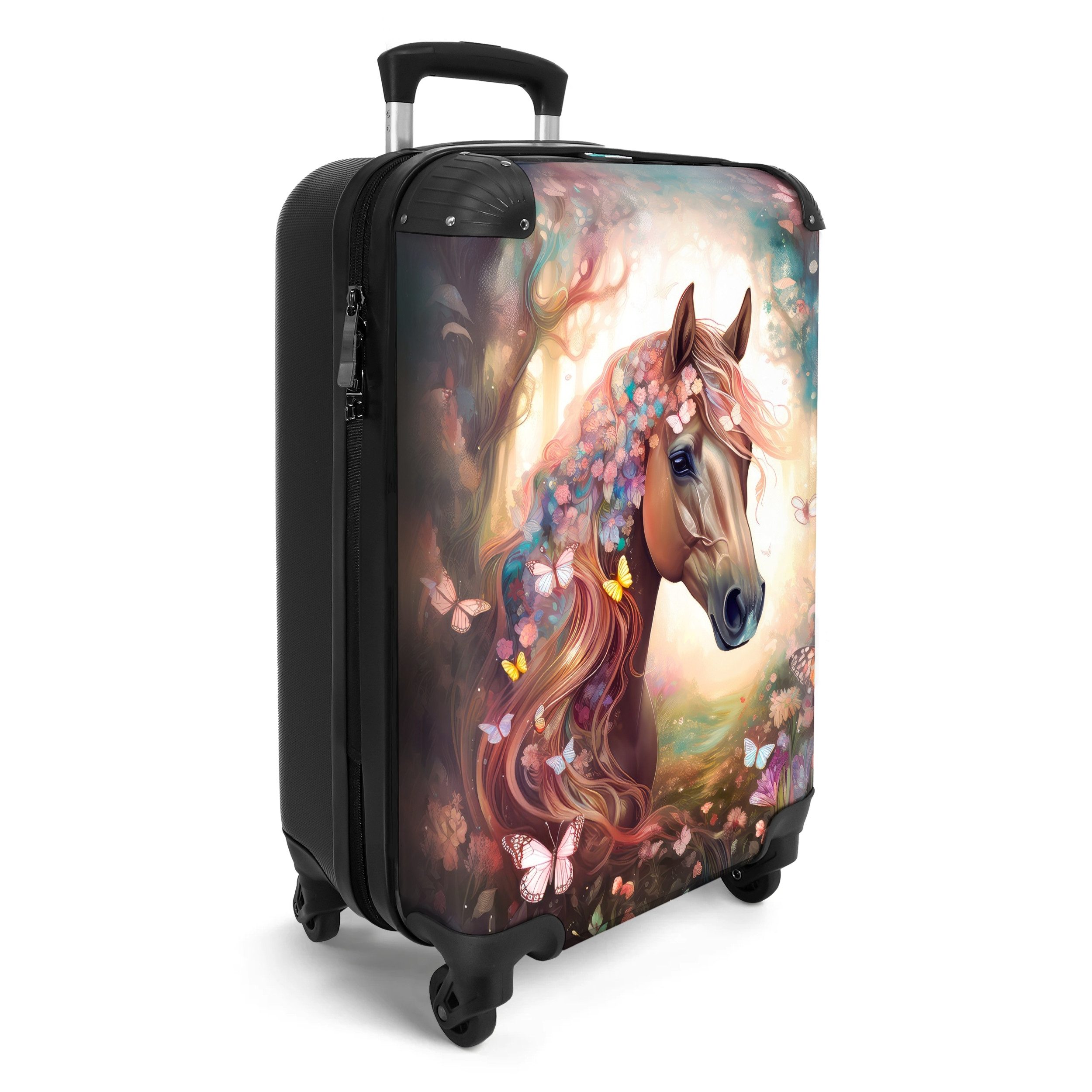 NoBoringSuitcases.com© Kinderkoffer Pferd - Natur - Blumen - Schmetterlinge - Wald 55x35x20cm, 4 Rollen, Handgepäck-Koffer, Kinderkoffer, Reisekoffer Mädchen