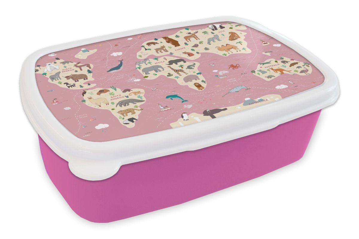 MuchoWow Lunchbox Weltkarte Kinder - Tiere - Erde - Jungen - Mädchen - Rosa, Kunststoff, (2-tlg), Brotbox für Erwachsene, Brotdose Kinder, Snackbox, Mädchen, Kunststoff