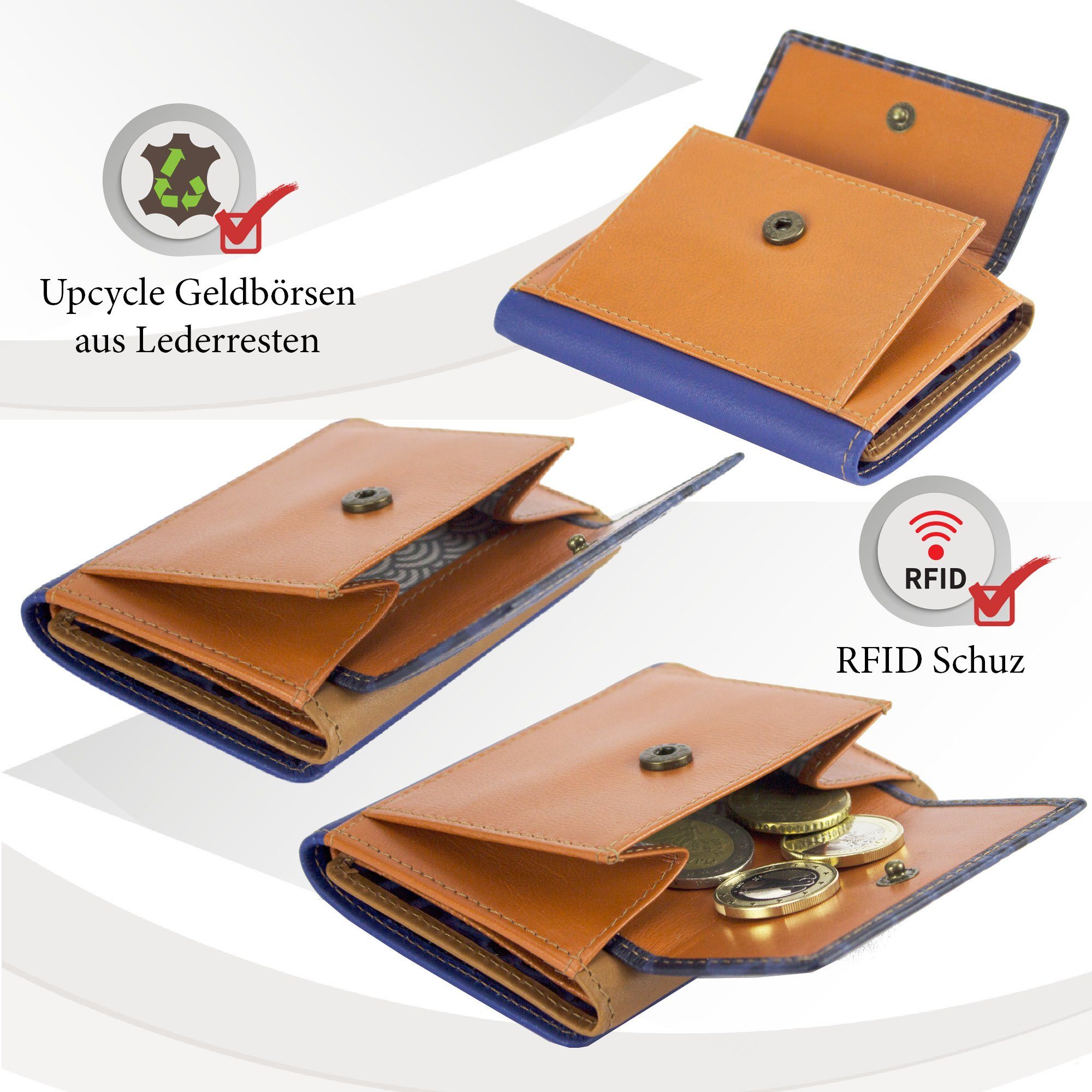 RFID-Schutz, klein Geldbörse Unisex Geldbeutel Sunsa Brieftasche, Portemonnaie Leder, mit Mini Leder Lederresten, recycelten Mini Geldbörse aus echt blau/braun