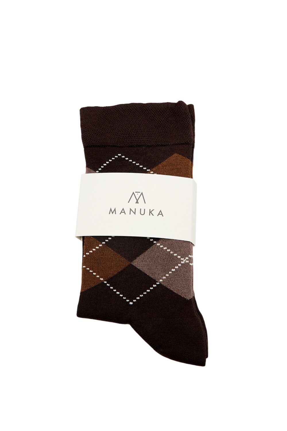 MANUKA Socken mit Baklava-Muster, braun kariert. Slipper