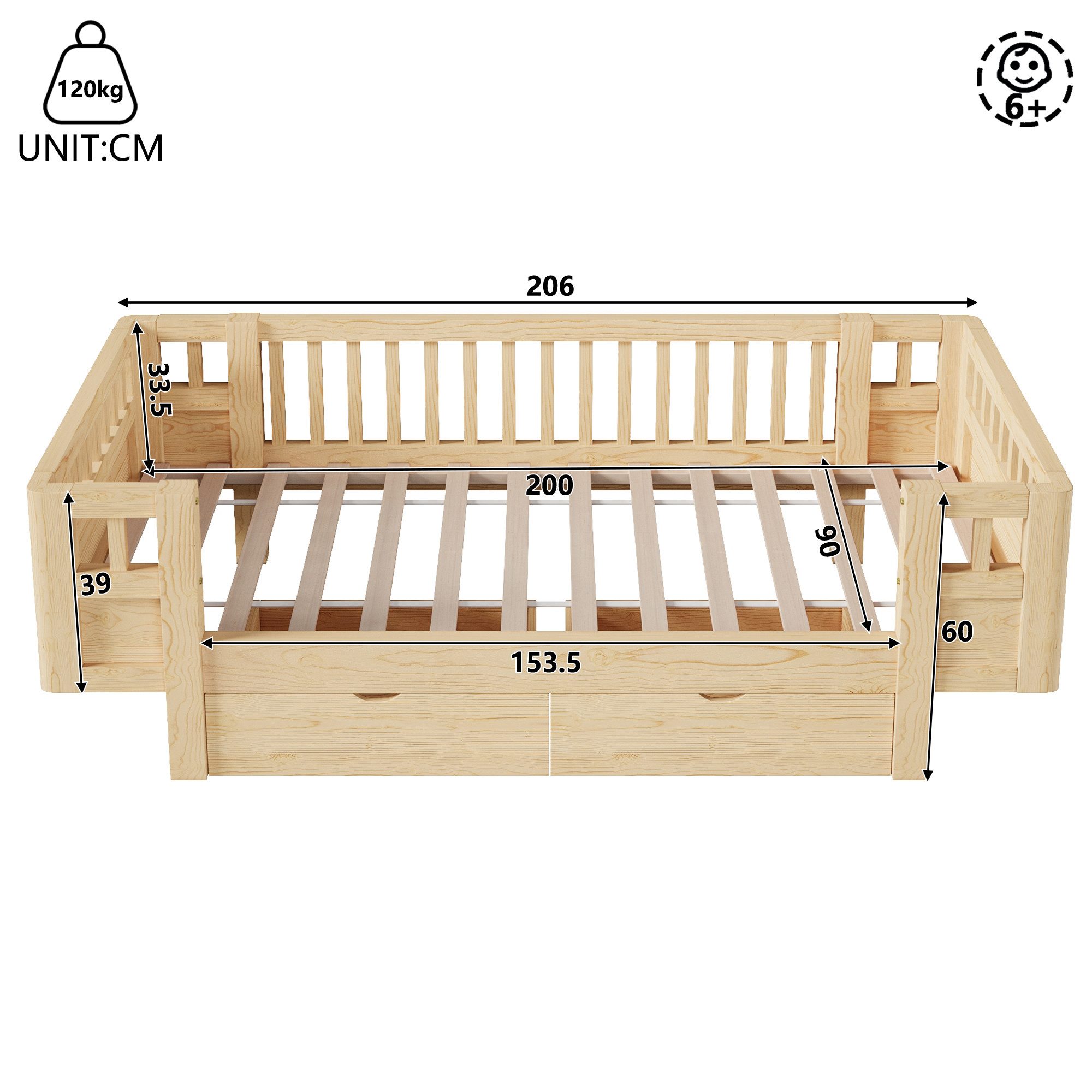Merax Kinderbett mit Schutzgitter und 2 großen Schubladen (1-tlg), Massivholz Plattformbett 90x200cm Stauraumbett Jugendbett – Bild 5 von 5