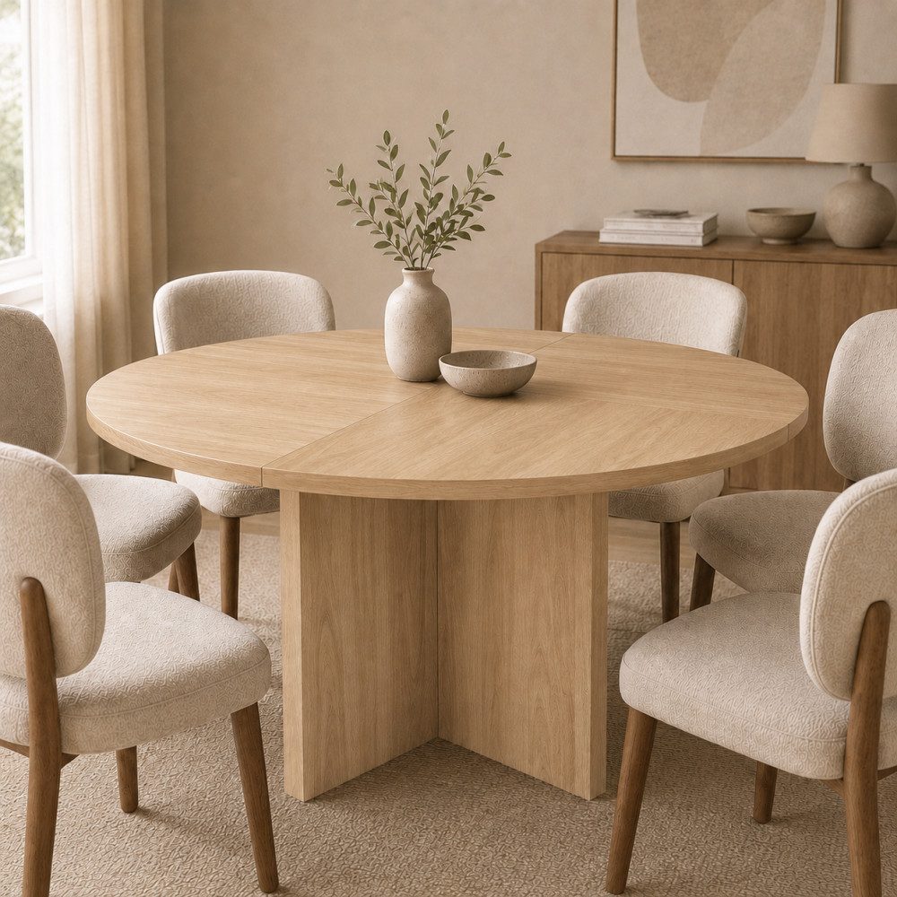 BBWL Esstisch für 4-6 Personen, skandinavisches Design, MDF-Tischplatte, Runder Esstisch 120x120 cm, vielseitiger Küchentisch