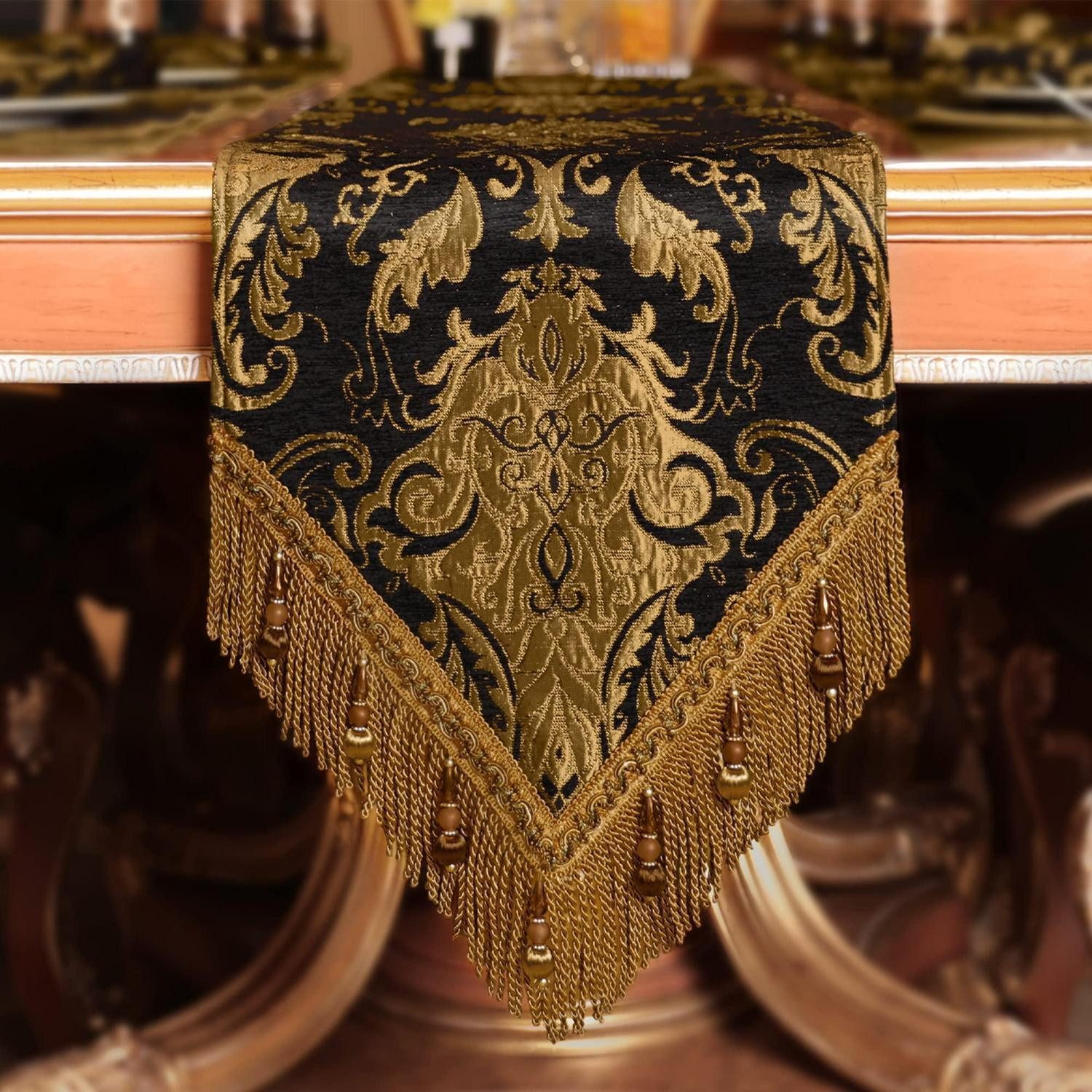 LuxusKollektion Tischläufer Tischläufer Jacquard 33x228cm Schwarz mit Quasten (1-tlg)