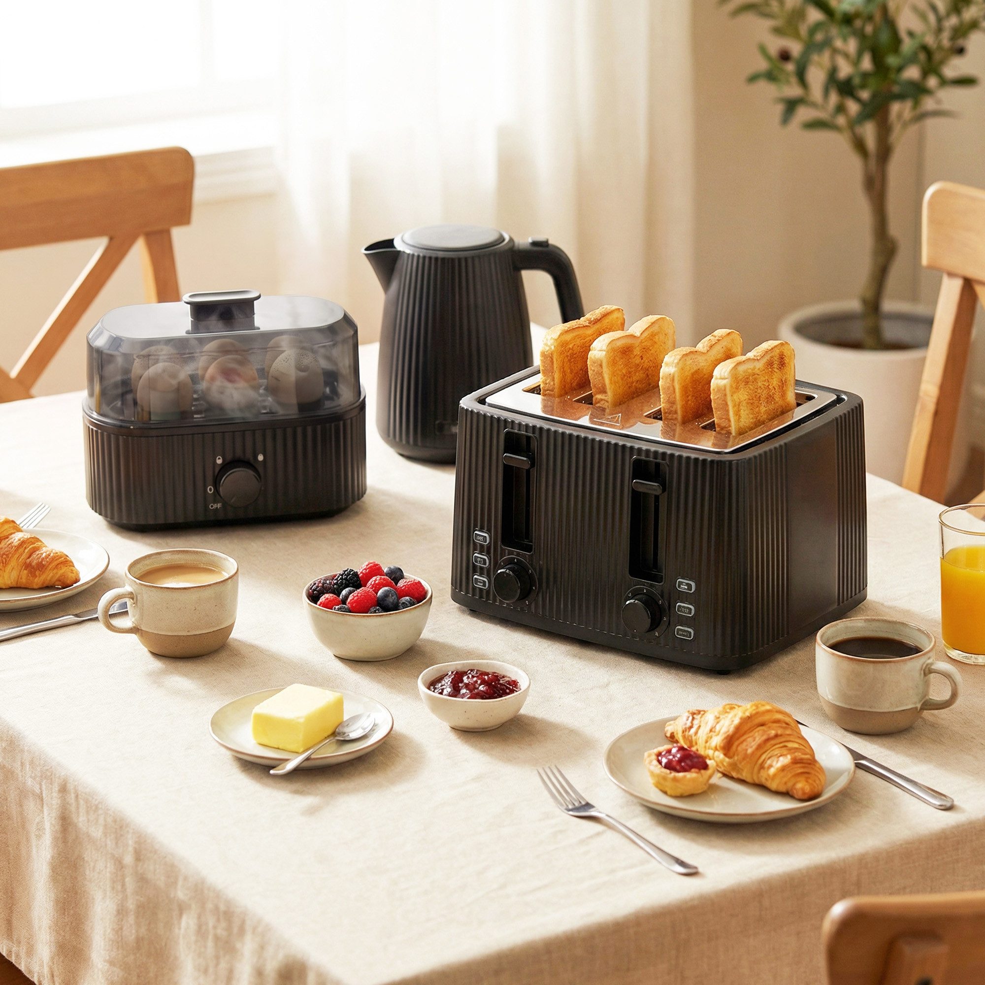 HOMCOM Frühstücks-Set Wasserkocher Toaster Set 1,7L 2200W, 4 Scheiben Toaster (3-tlg), Eierkocher mit Kontrollleuchte, Signalton-Timer für 1-6 Eier