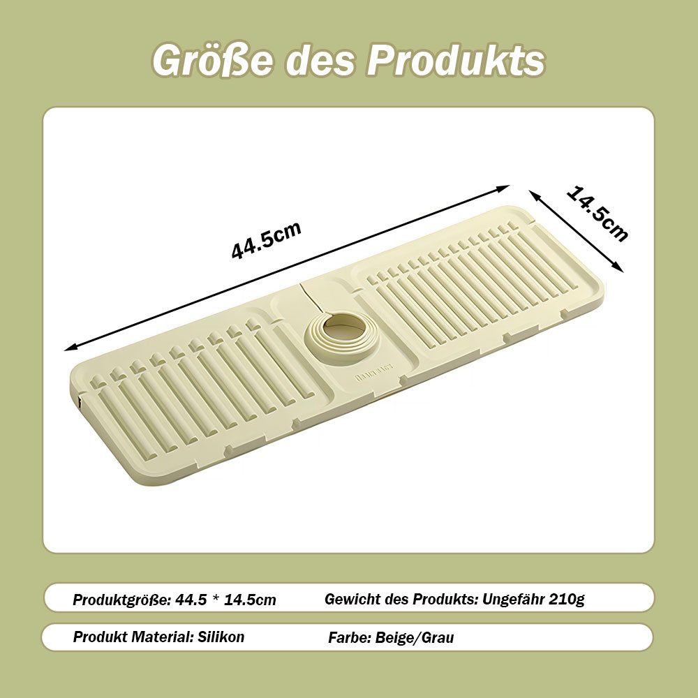 TUWENA Abtropfmatte 44.5×14..5cm Silikon Abtropfmatte für Küchenspüle & Wasserhahn, Spritzschutz mit 8° Neigung, selbstentleerend, inkl. Ablauf