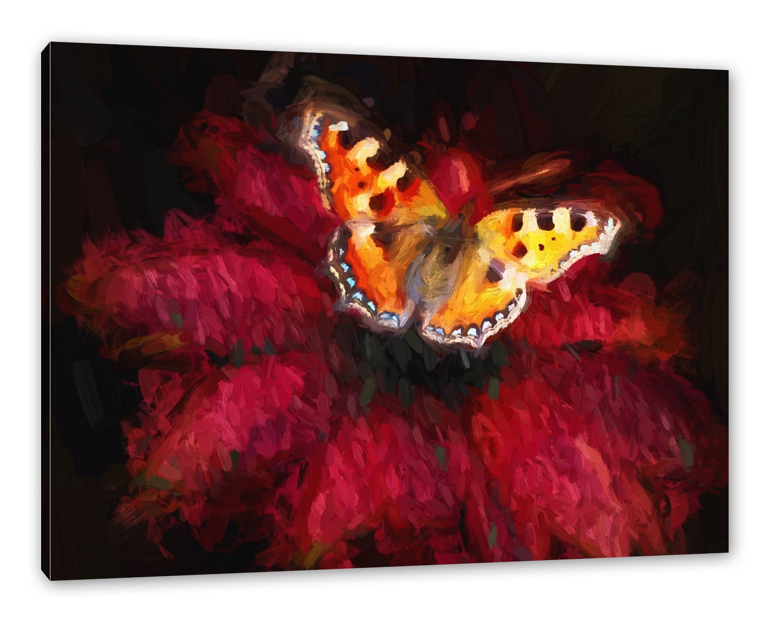 St), Leinwandbild Blüte Schmetterling Zackenaufhänger Schmetterling fertig auf Pixxprint auf Leinwandbild (1 inkl. Blüte, bespannt,