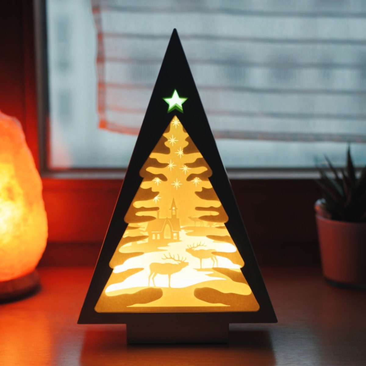 CiM LED Lichtbox 3D Papercut TREE - Frosty Landscape, LED fest integriert, Warmweiß, 17x6x26cm, Shadowbox, Wohnaccessoire, Nachtlicht, kabellose Dekoration