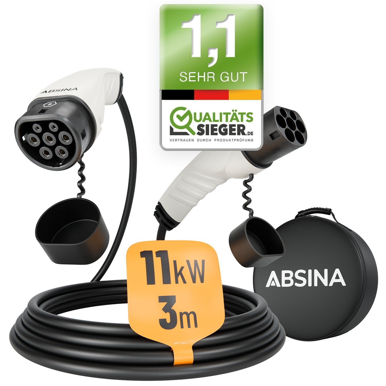 ABSINA Typ 2 Ladekabel 11kW & 16A für Elektroauto - 3 Meter Typ 2 Ladekabel Elektroauto-Ladegerät (1-tlg)