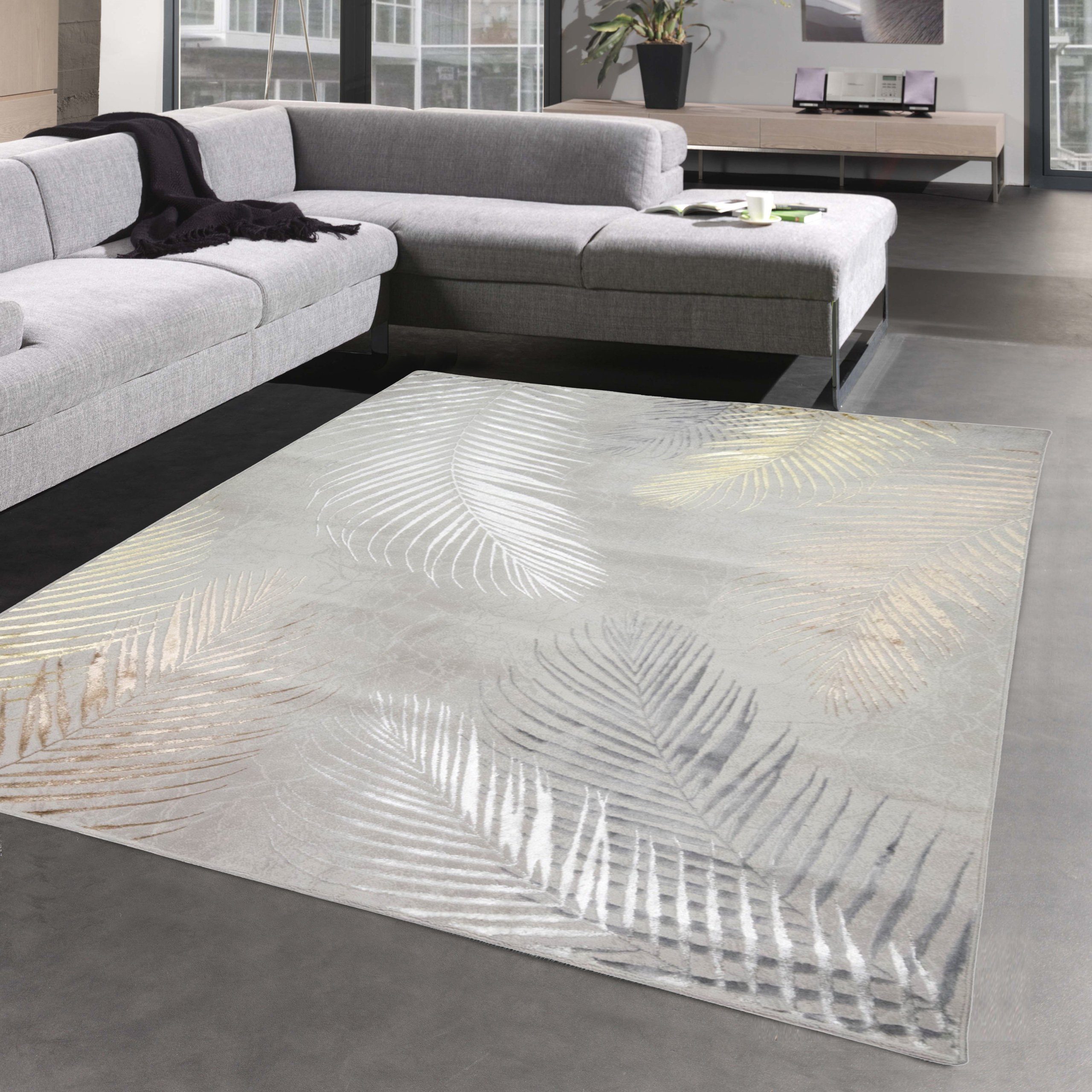Carpetia Teppich Moderner Designerteppich mit Palmenzweigen grau gold, rech günstig online kaufen