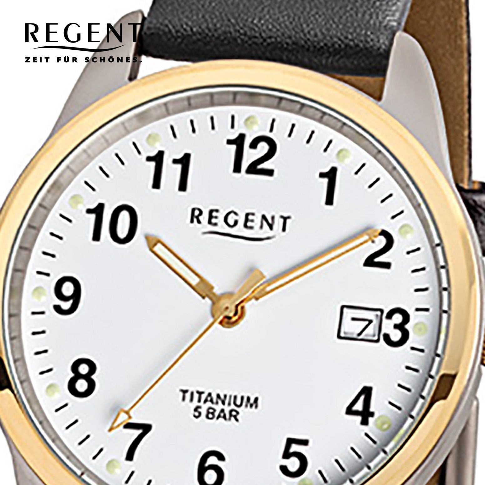schwarz Herren-Armbanduhr Herren Analog, 36mm), Lederarmband rund, mittel Regent Armbanduhr Regent Quarzuhr (ca.
