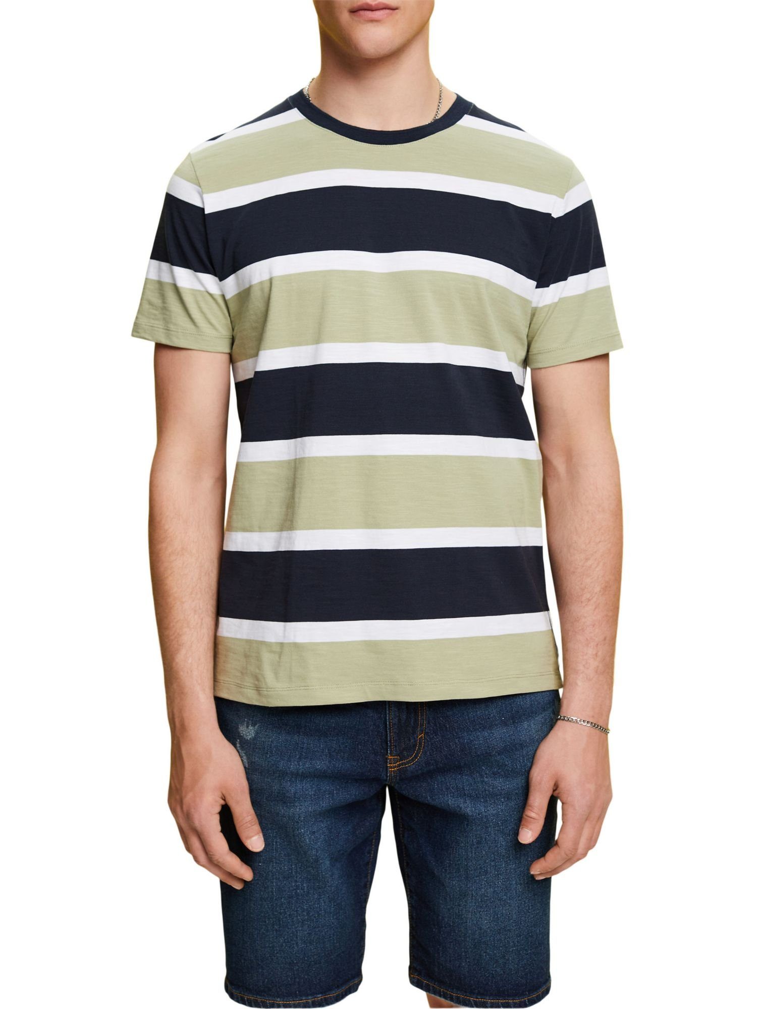 Esprit T-Shirt % Gestreiftes (1-tlg) Baumwolle T-Shirt, GREEN Jersey 100 LIGHT