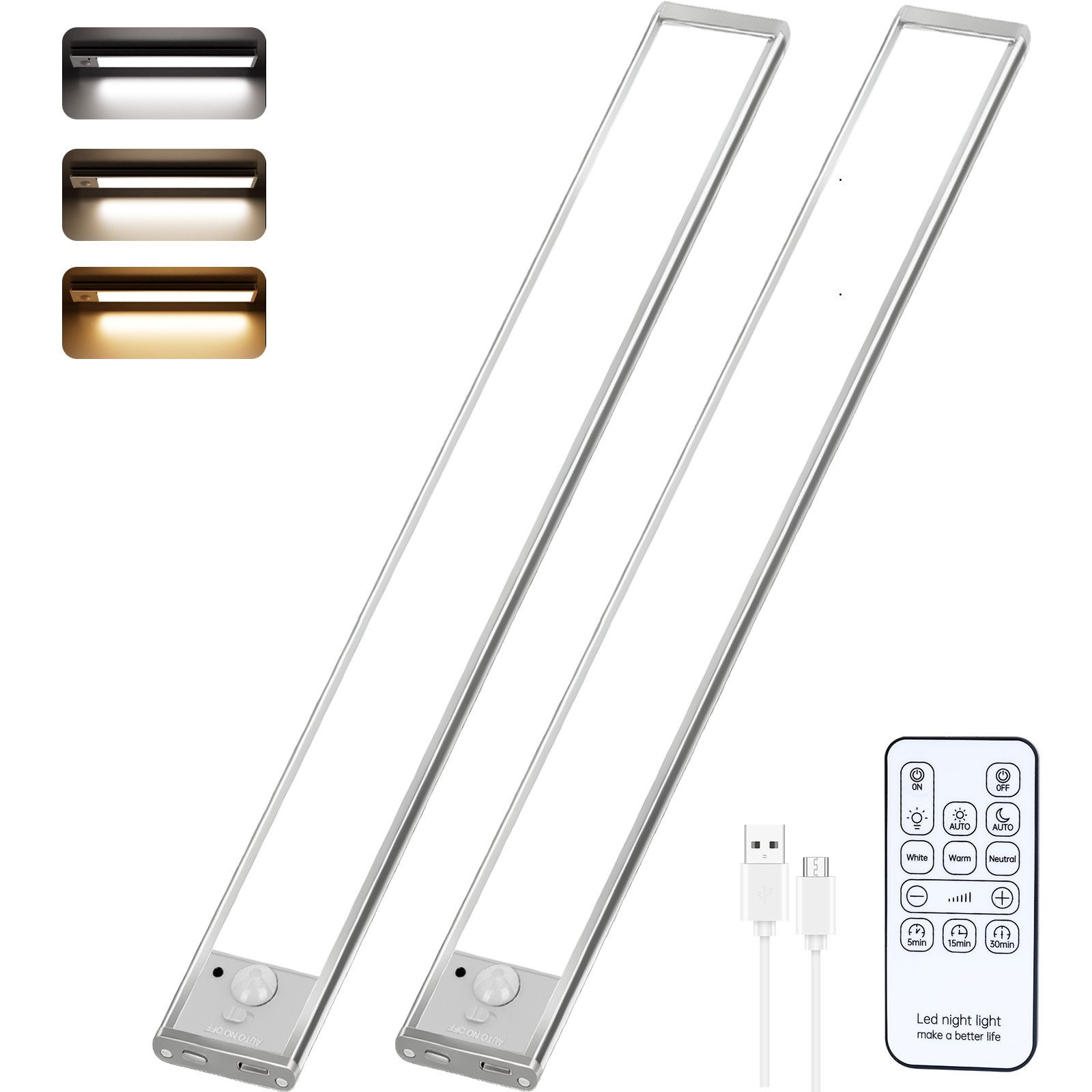 Lujasi LED Unterbauleuchte 30/40/60cm Unterbauleuchte Küche LED, – 2er Set Schrankbeleuchtung, Integrierter Akku, LED fest integriert, nicht austauschbar, 5V/1A, 120°/3m, Kabellos, KaltweiB, NeutralweiB, WarmweiB, mit Bewegungsmelder Fernbedienung, USB-C,