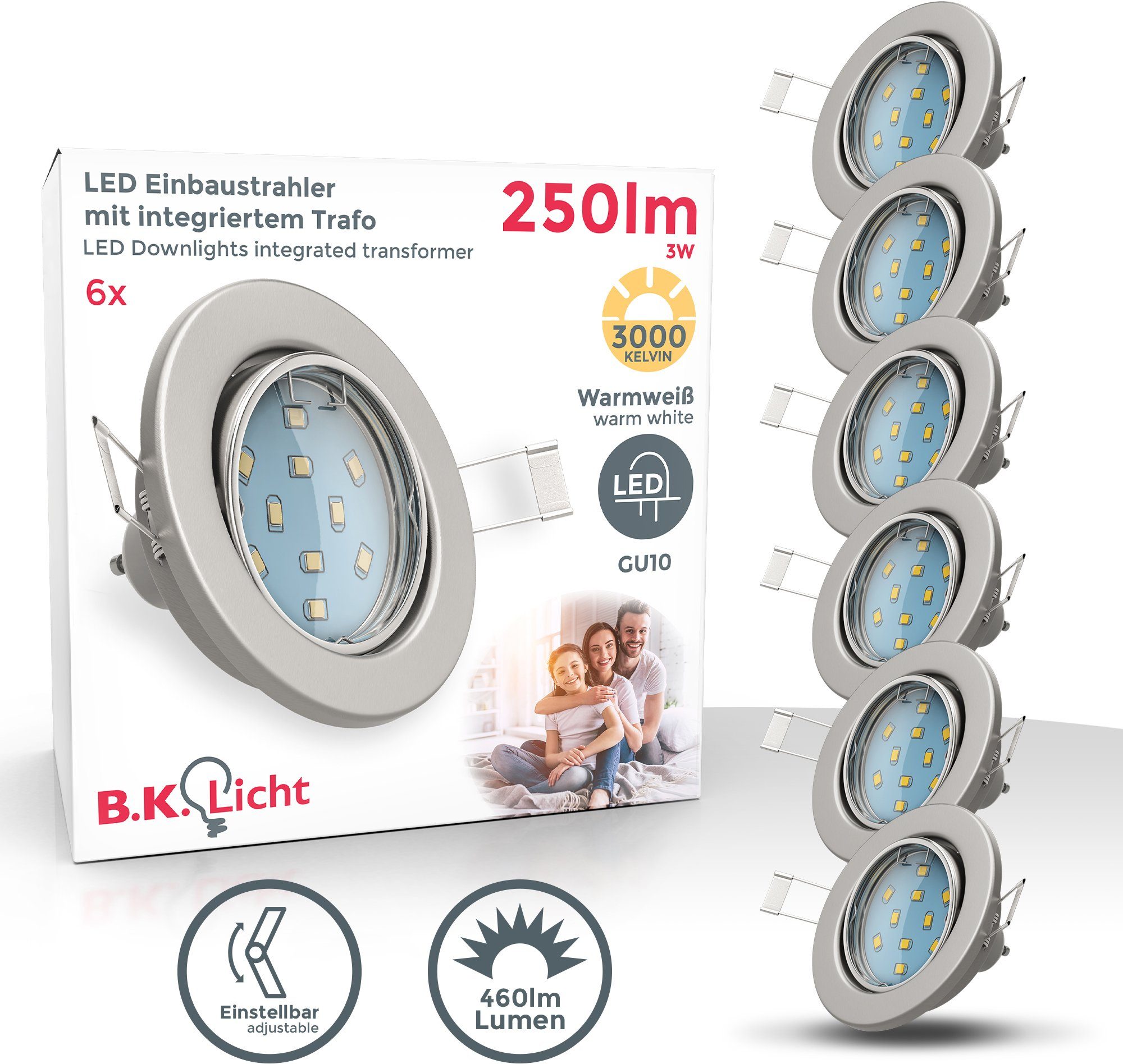 B.K.Licht LED Einbauleuchte Hila, Leuchtmittel Lumen Einbaustrahler GU10 wechselbar, 250 3.000K Warmweiß, LED 6er inkl. schwenkbar SET 3W