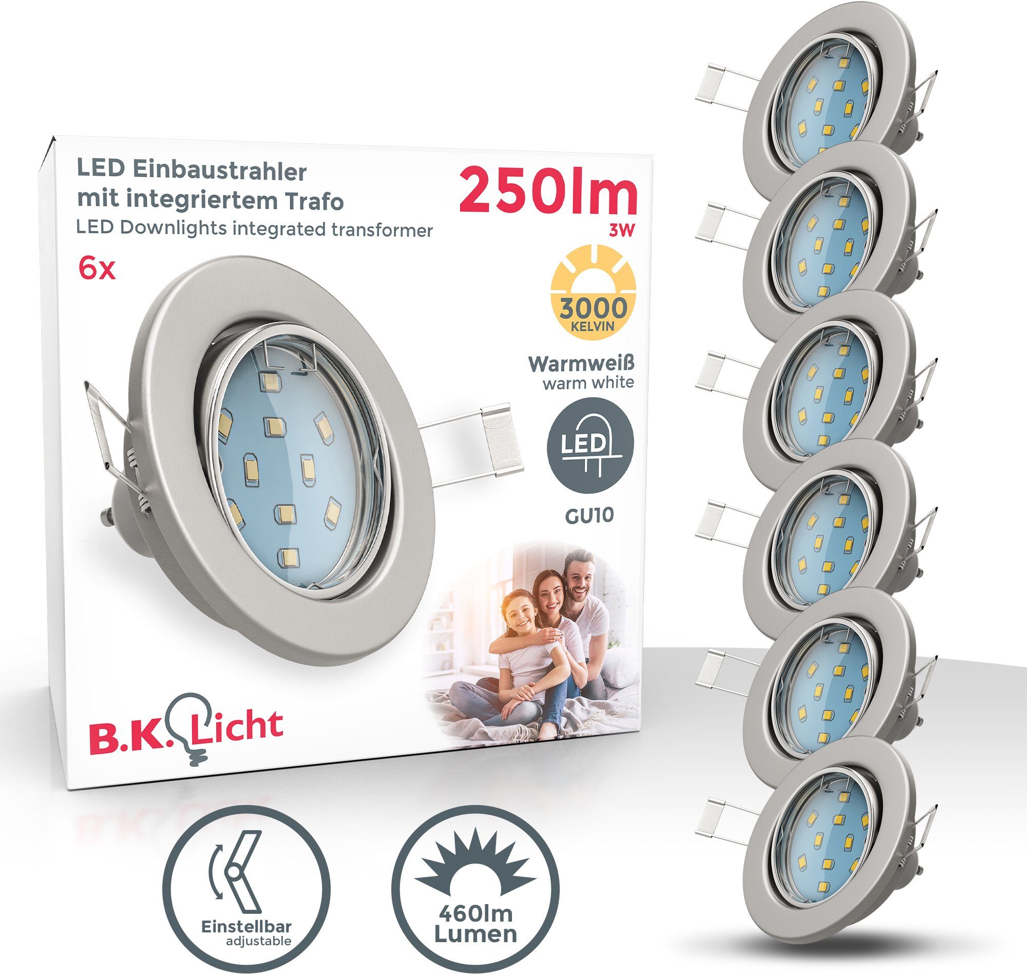 B.K.Licht LED Einbauleuchte Hila, wechselbar, Warmweiß, SET 3W 3.000K Lumen 6er inkl. 250 schwenkbar LED GU10 Leuchtmittel Einbaustrahler