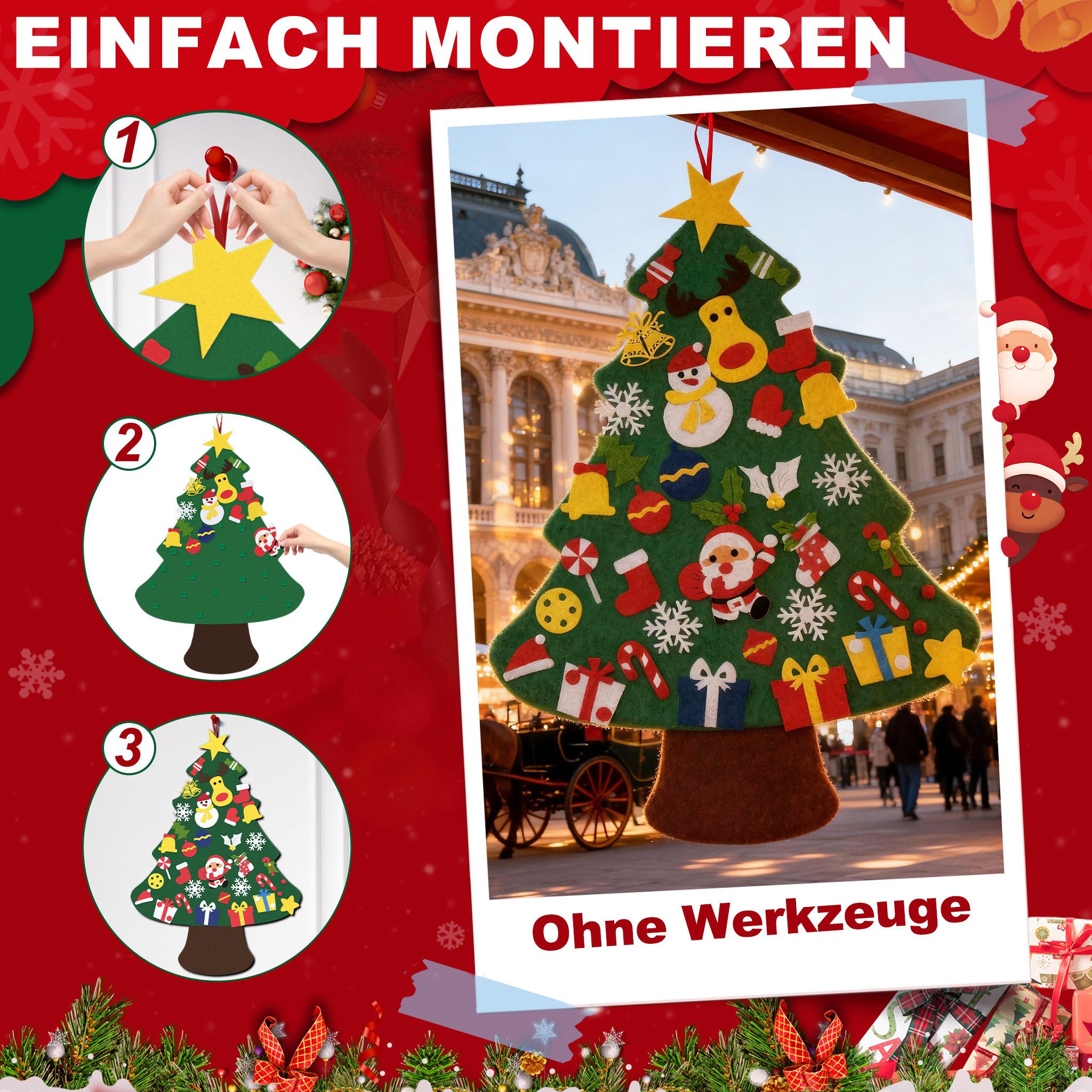 FIVMEN Künstlicher Weihnachtsbaum DIY Filz-Tannenbaum Filzchristbaum Deko 3 Stile, Filz-Tannenbaum, mit 36 Stück Abnehmbaren Ornamenten – Bild 4 von 5