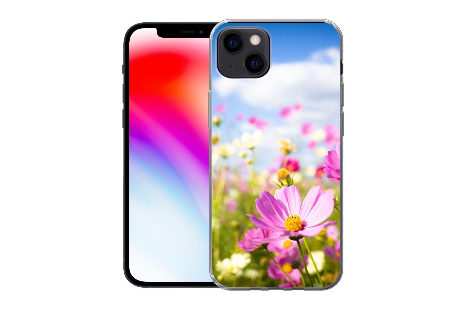 MuchoWow Handyhülle für Apple iPhone 13 Blumen - Wiese - Lila - Gras - Weiß - Wolken - Bla, Smartphone-Bumper, Print, Handy Schutzhülle Dünn
