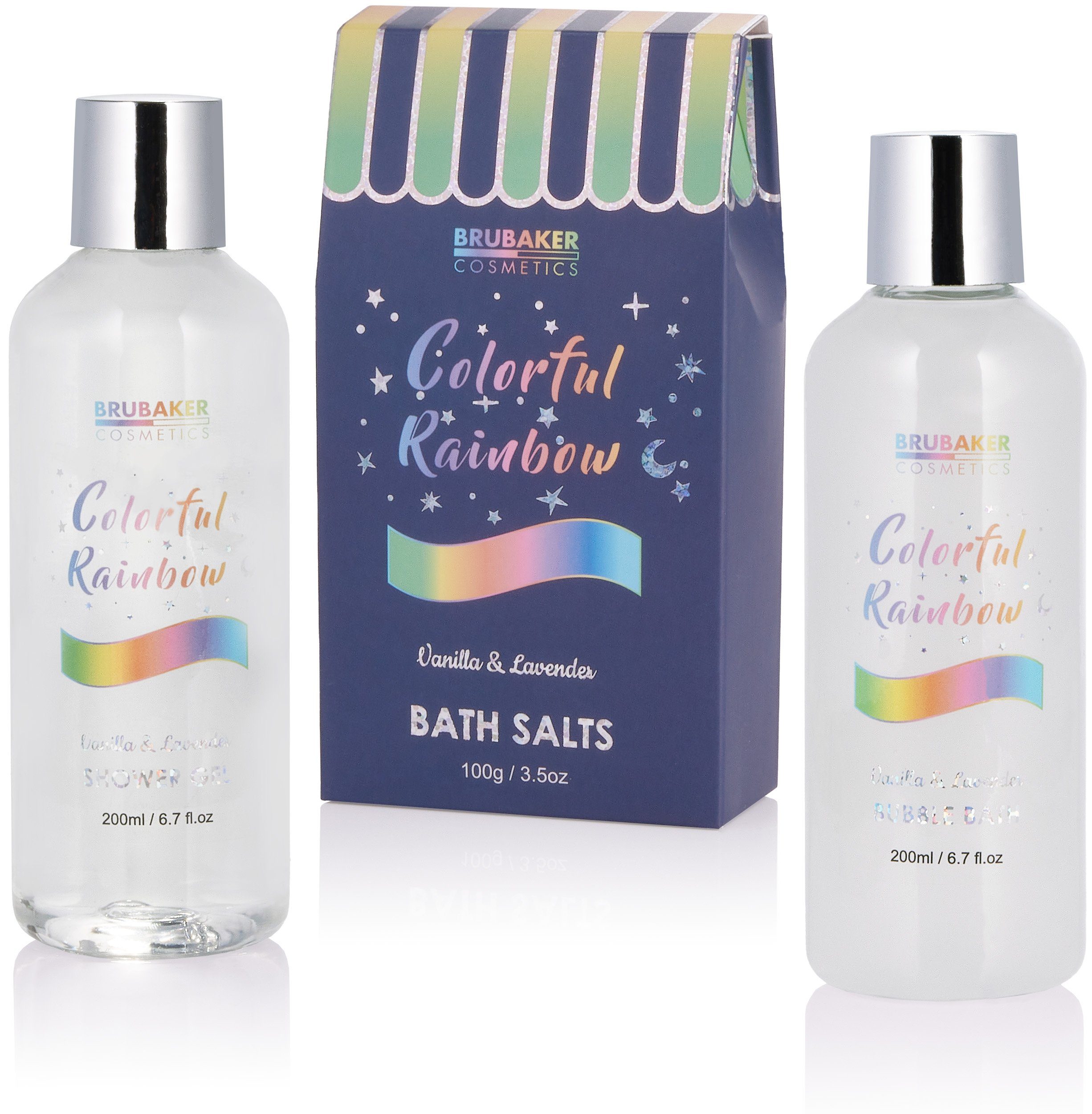 BRUBAKER Pflege-Geschenkset Einhorn Dusch- und Badeset Vanille & Lavendel Duft, 8-tlg., Frauen Geschenkset in Silber Wanne, Beauty Pflegeset für Damen