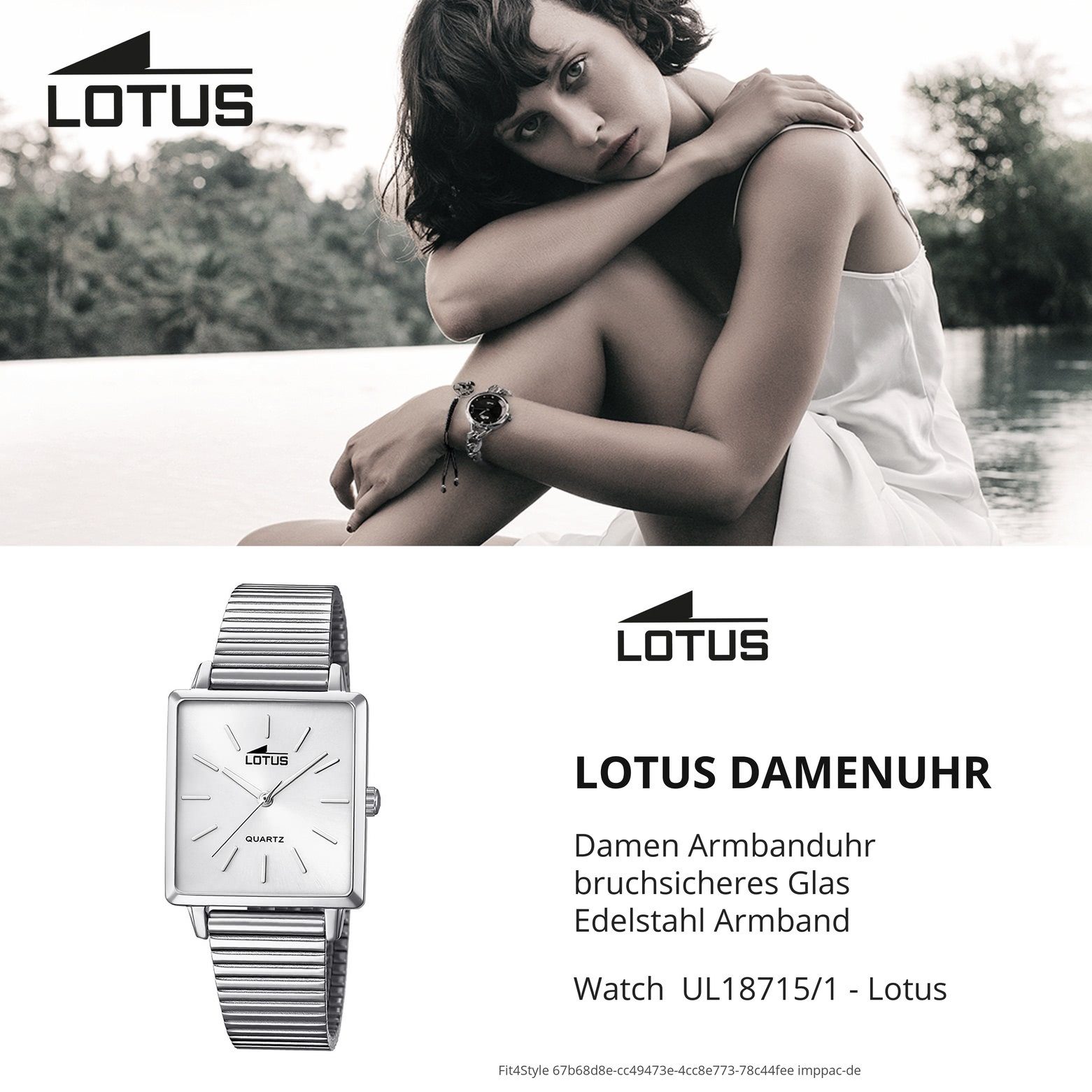 Damen Uhren Lotus Quarzuhr UL18715/1 LOTUS Damen Uhr Fashion 18715/1, Damen Armbanduhr eckig, Edelstahlarmband silber