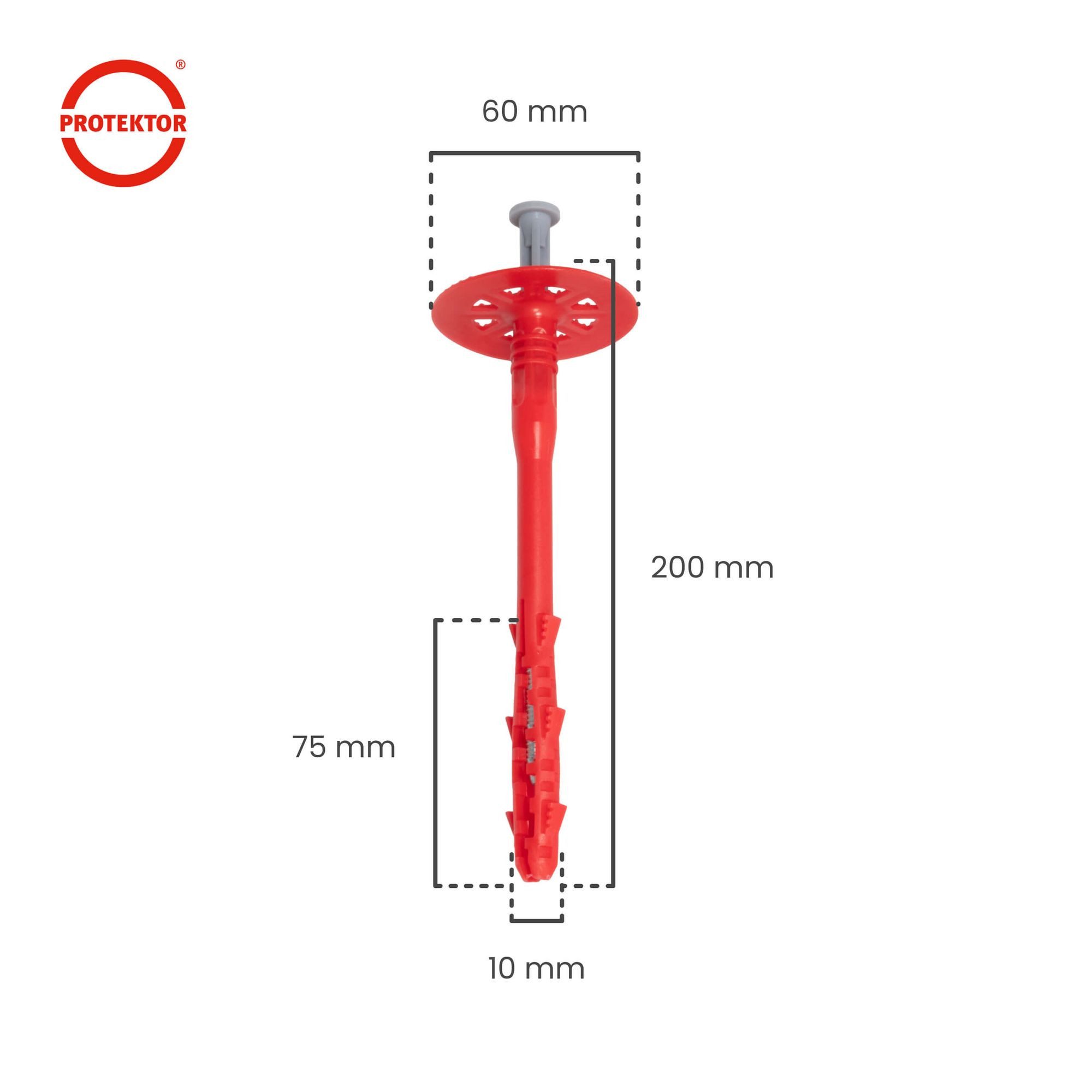 PROTEKTOR Schrauben- und Dübel-Set Dämmstoffdübel Ø10mm, Schlagdübel mit Stahlnagel für WDVS, (Dämmstoffdübel 100 Stück Ø10x200mm, 100 St., Fassadendübel für WDVS und zur Befestigung von Fassadendämmung), ETA-zertifizierte Schlagdübel Tellerdübel für alle Nutzungskategorien