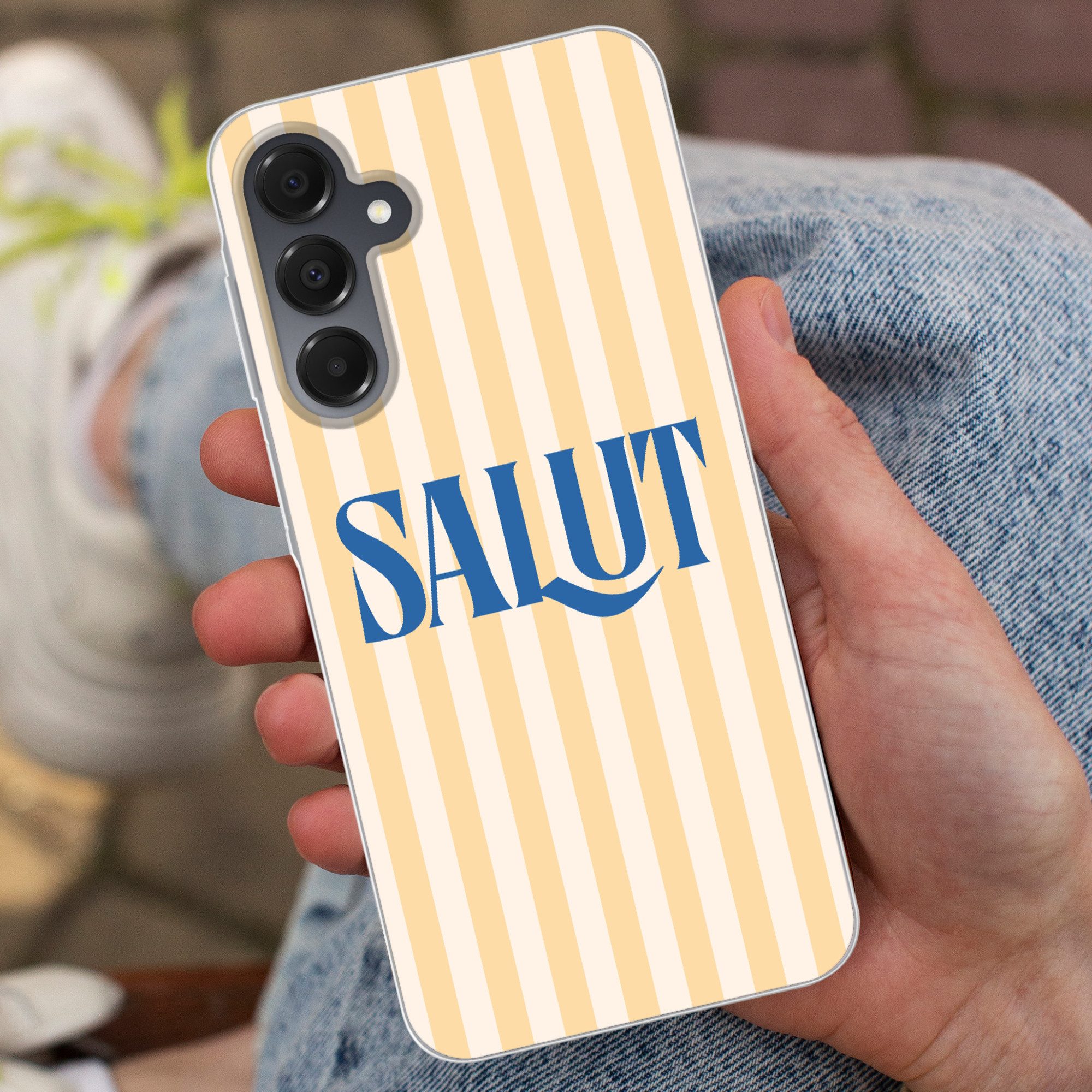 MuchoWow Handyhülle für Samsung Galaxy A16 5G Salut - Zitat - Streifen - Gelb - Blau - Wei, Phone Case, Silikon, Schutzhülle Dünn
