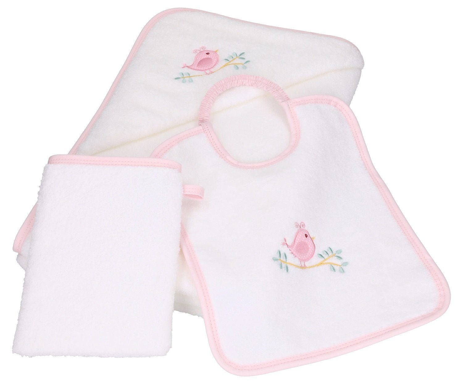 Baumwolle Kapuzenhandtuch weiß-rosé Betz Lätzchen 1 100% 1 Waschhandschuh, 3tlg VÖGELCHEN Kinderbadetuch Babyset 1