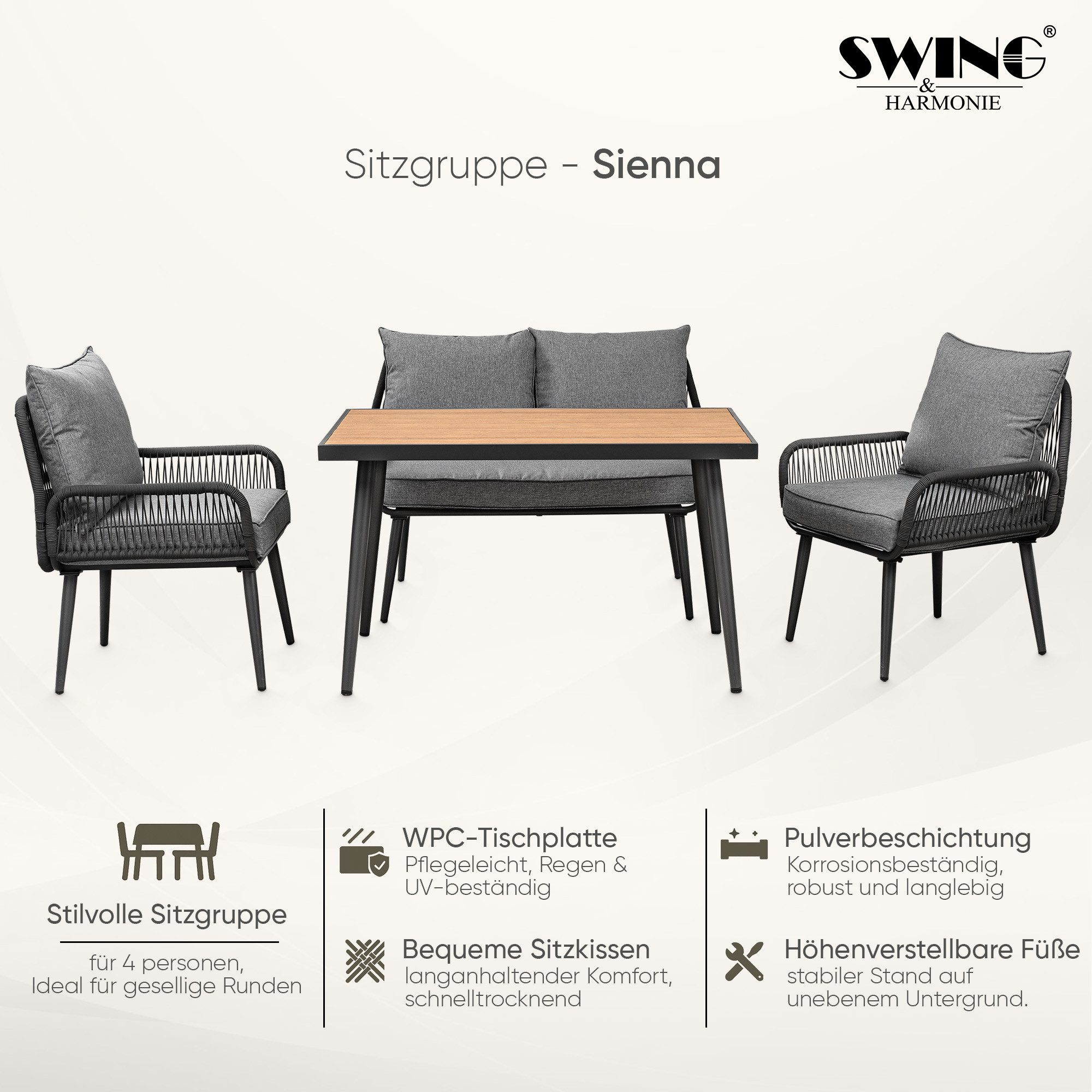Swing&Harmonie Gartenlounge-Set für 4-6 Personen mit Tisch, Sofa, Stühle, Esstisch, (wetterfest, WPC-Tischplatte, Seilgeflecht Lounge, inkl. Kissen Sienna Garten Sitzgruppe), Outdoor Essgruppe