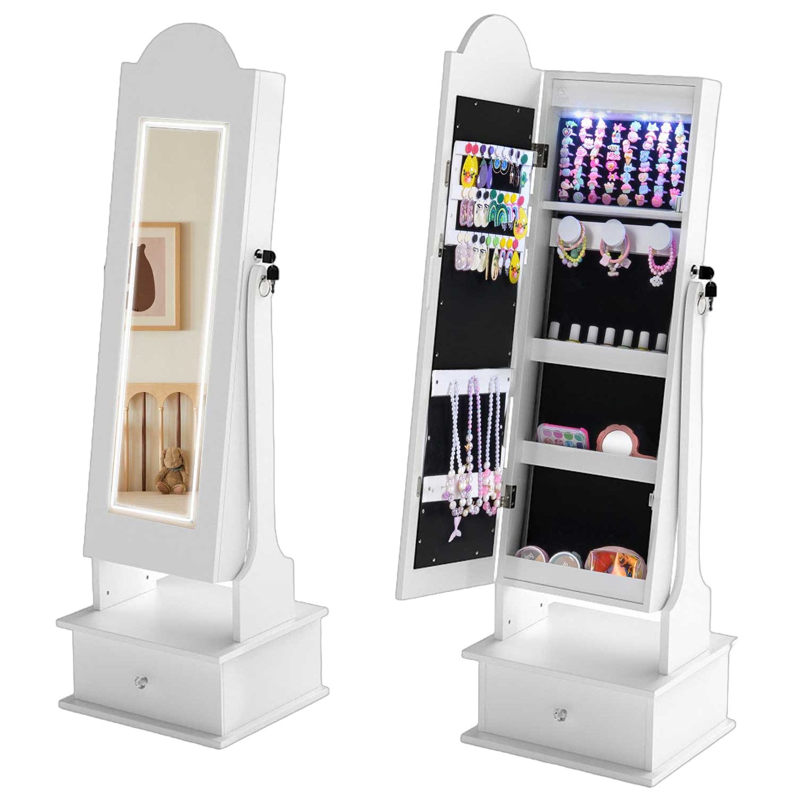 COSTWAY Schmuckschrank Kinder Schmuckkommode mit Beleuchtung & Spiegel