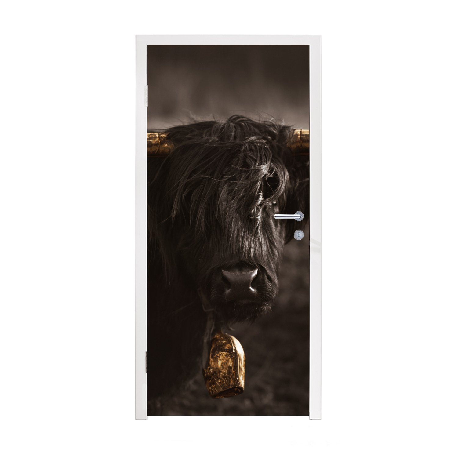 MuchoWow Türtapete Schottischer Highlander - Fell - Schwarz, Matt, bedruckt, (1 St), Fototapete für Tür, Türaufkleber, 75x205 cm