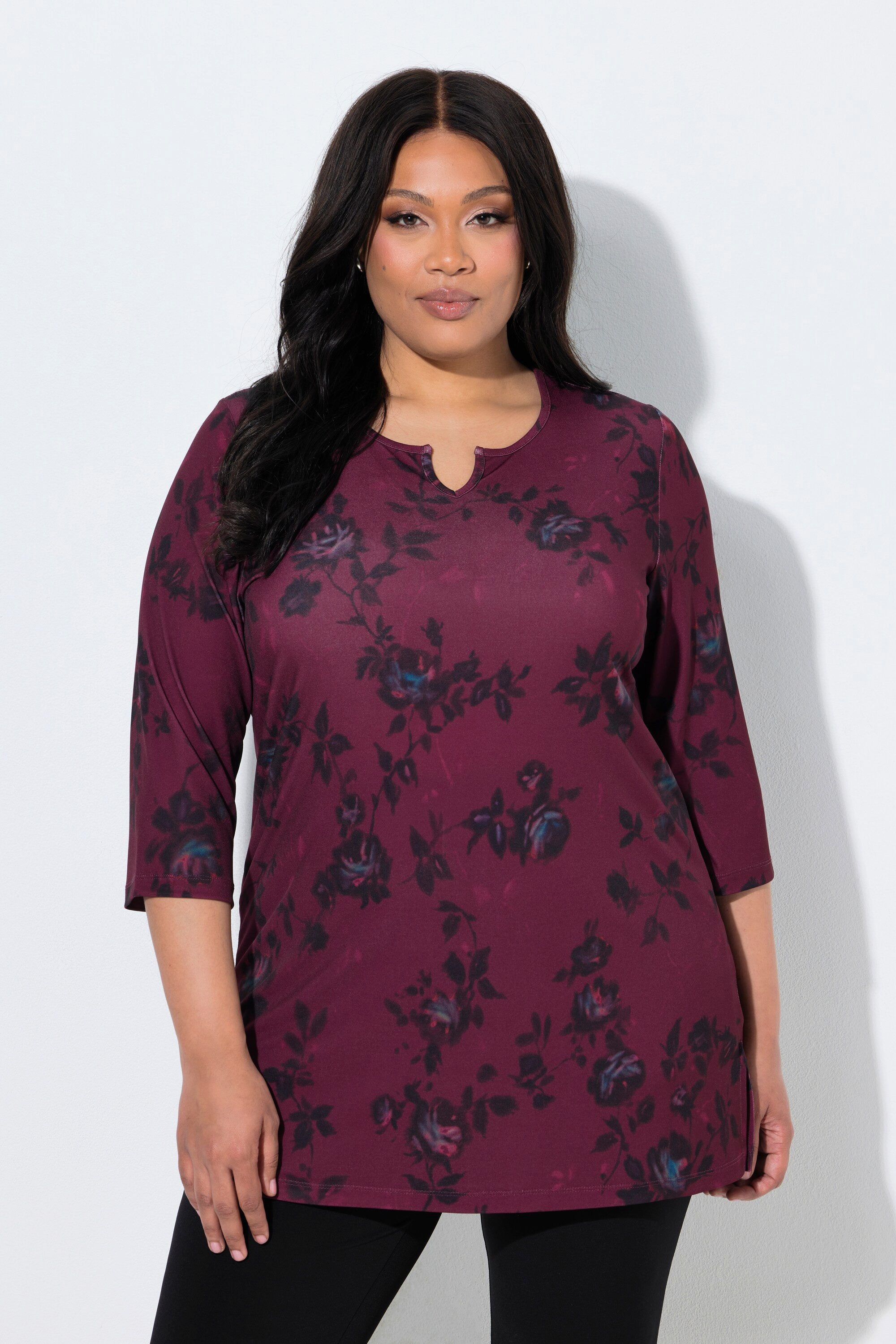 Ulla Popken Longshirt Longshirt Blüten Tunika-Ausschnitt 3/4-Arm