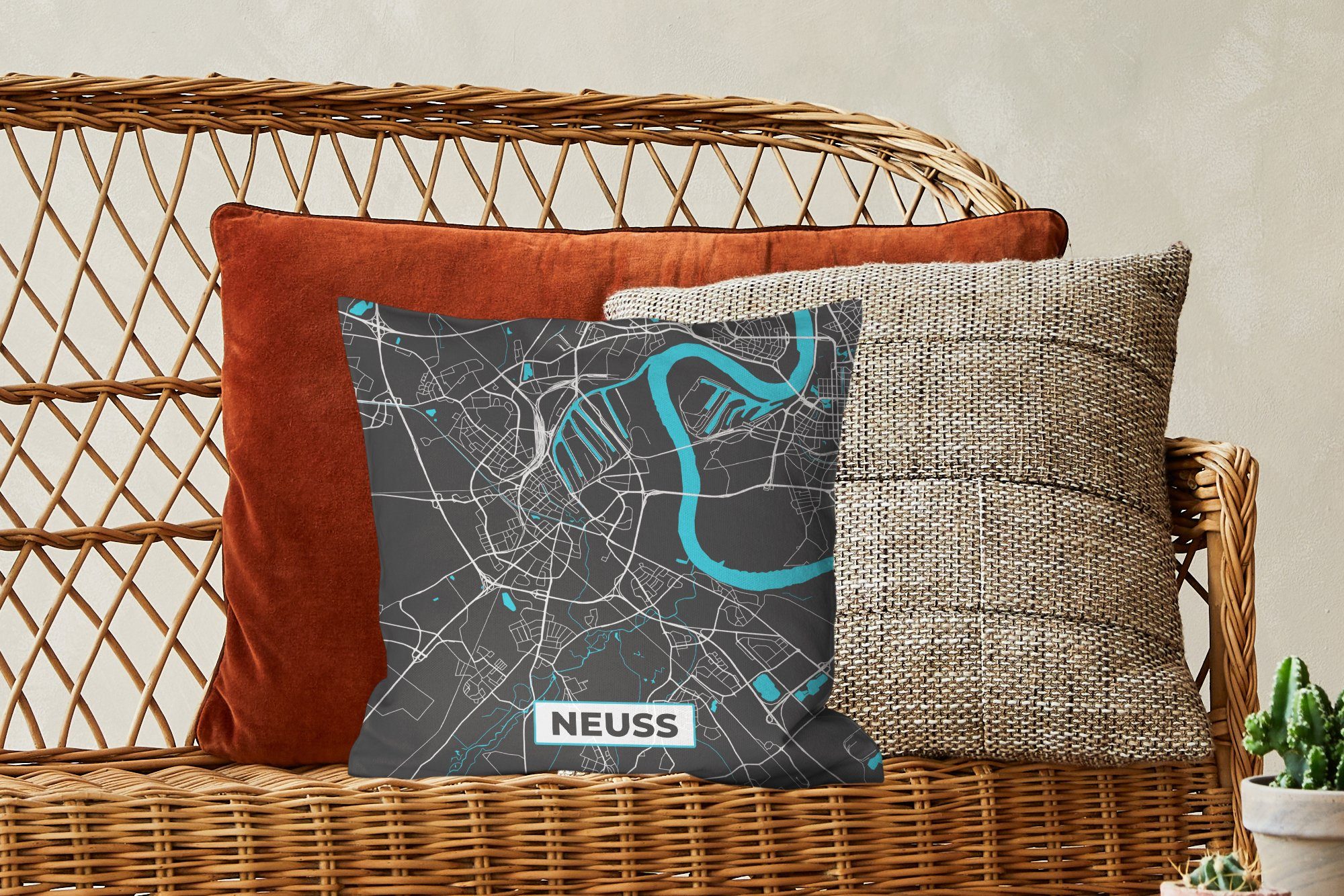 Zierkissen Füllung - Karte Karte, - Dekokissen MuchoWow mit Wohzimmer, Deko, - Stadtplan Blau - Deutschland Sofakissen - Neuss Schlafzimmer, für