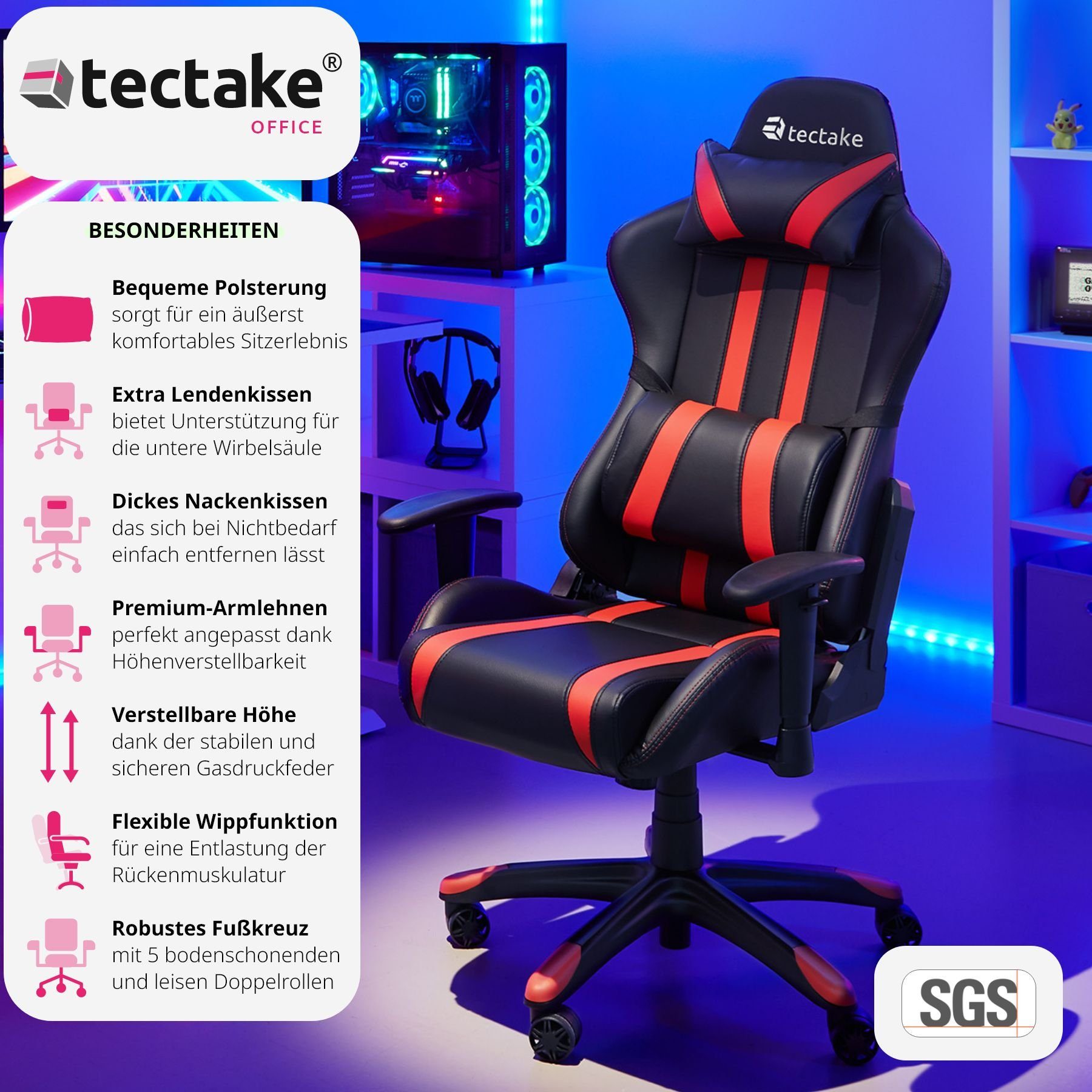 Streifen schwarz/rot verstellbar 1 Premium bis mit (1er, tectake Gaming-Stuhl Bürostuhl St), 105° Racing Rückenlehne