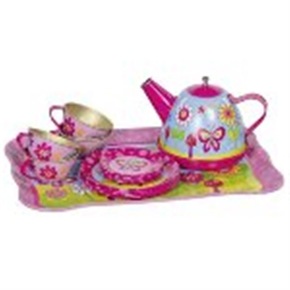 goki Spielküche Teeservice Kinder Metall Teeset Puppengeschirr Funky Flowers 14-teilig, Ideal für Rollenspiele und kreative Teepartys