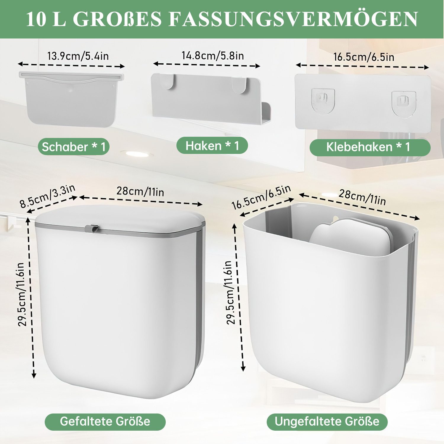 HEYHIPPO Biomülleimer Küchenkompostbehälter, faltbarer hängender Badezimmer-Mülleimer Weiß, 9 Liter Schiebedeckel,28x16,5x29,5cm (L x B x H), Camping-Mülleimer