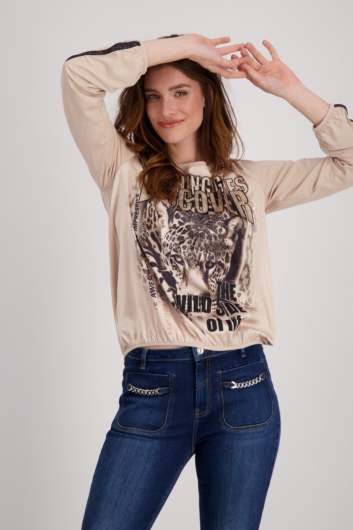 Schluse mit & Glitzerschrift T-Shirt Langarmshirt Monari Leopard