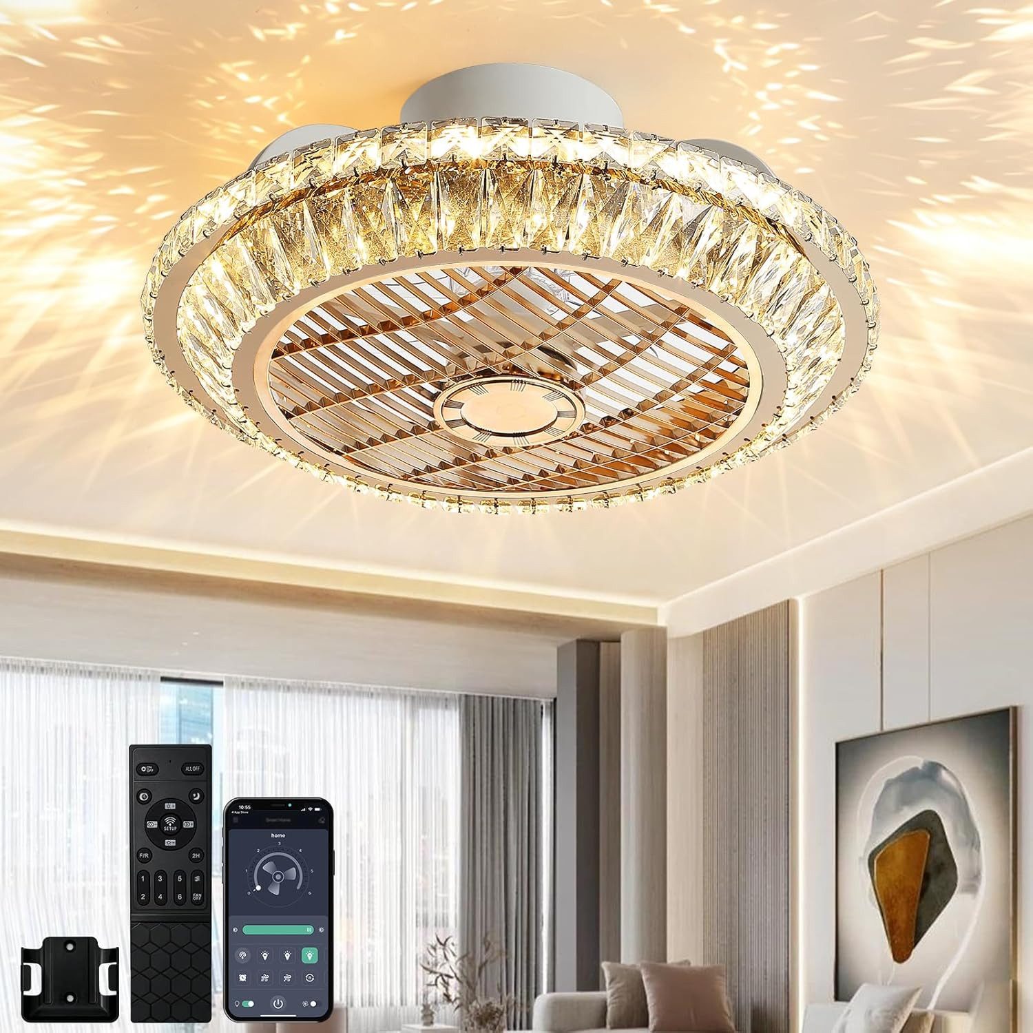 RRBEST Deckenventilator LED Deckenventilator, Leise Kristall Ventilator Kronleuchte, 72W Moderne Fan Deckenlampe mit Fernbedienung