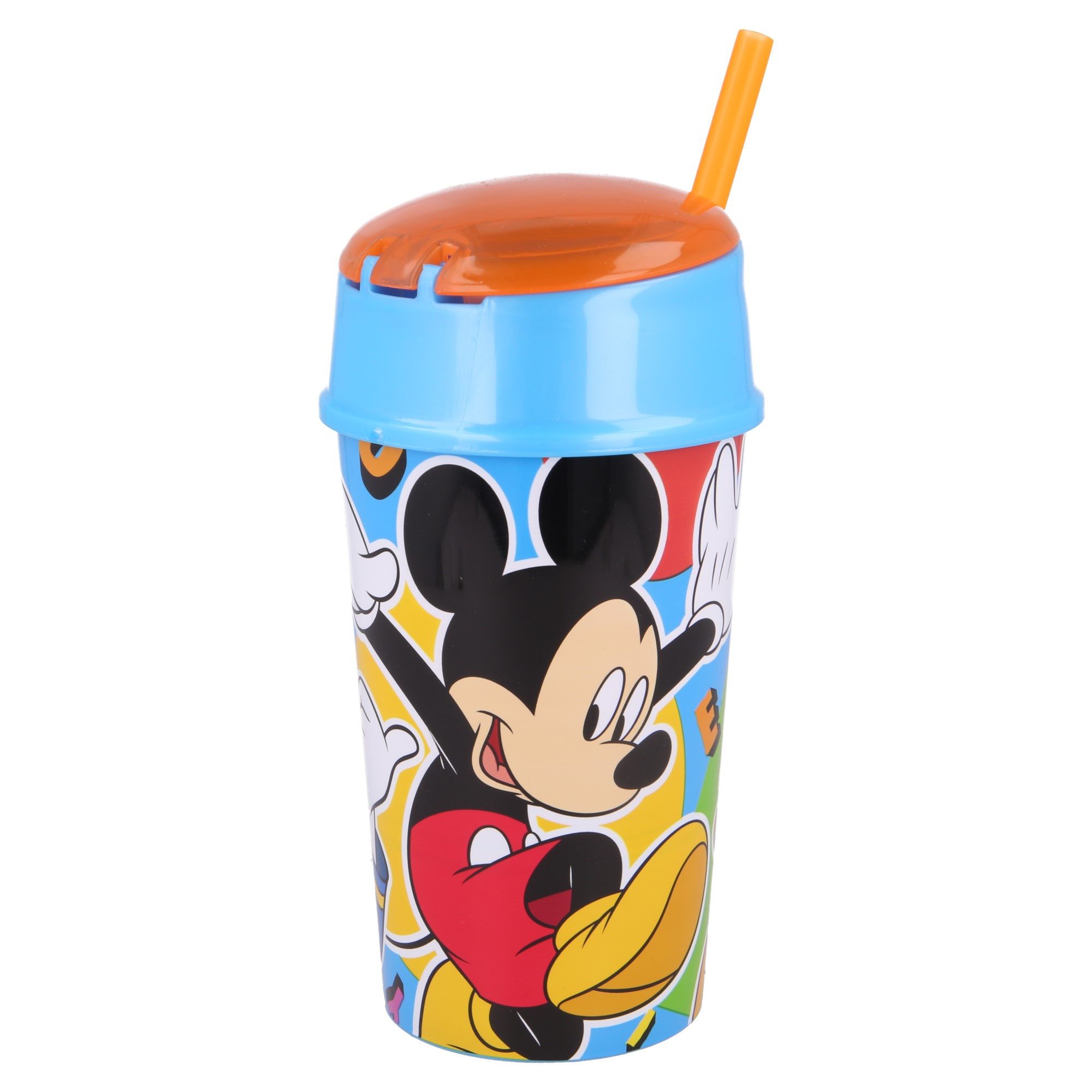 Disney Mickey Mouse Kinderbecher Mickey Maus, Kunststoff, 2 in 1 Becher 400 ml mit integriertem Snackfach & Trinkhalm BPA frei