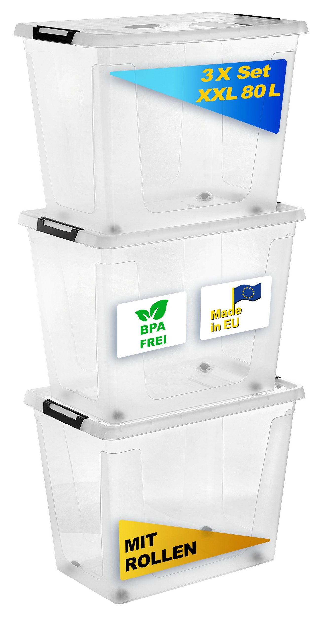 Gardissimo Aufbewahrungsbox 3 er Set mit Deckel New Clip 80 Liter Kunststoff Boxen Stapelboxen (Komplett-Set, 3 Boxen + Deckel), stapelbar und nestbar mit Rollen und Clip-Verschluss