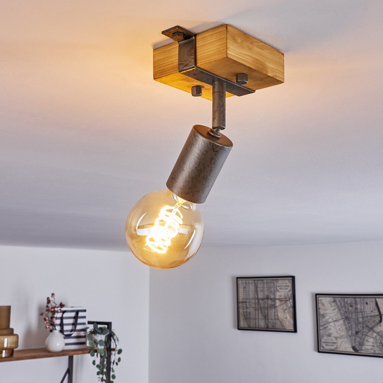 hofstein Deckenleuchte ohne aus verstellbare Industrial-Design im »Faro« Metall/Holz Fassung, Grau/Natur, Wandlampe in Leuchtmittel, Wandspot 1xE27