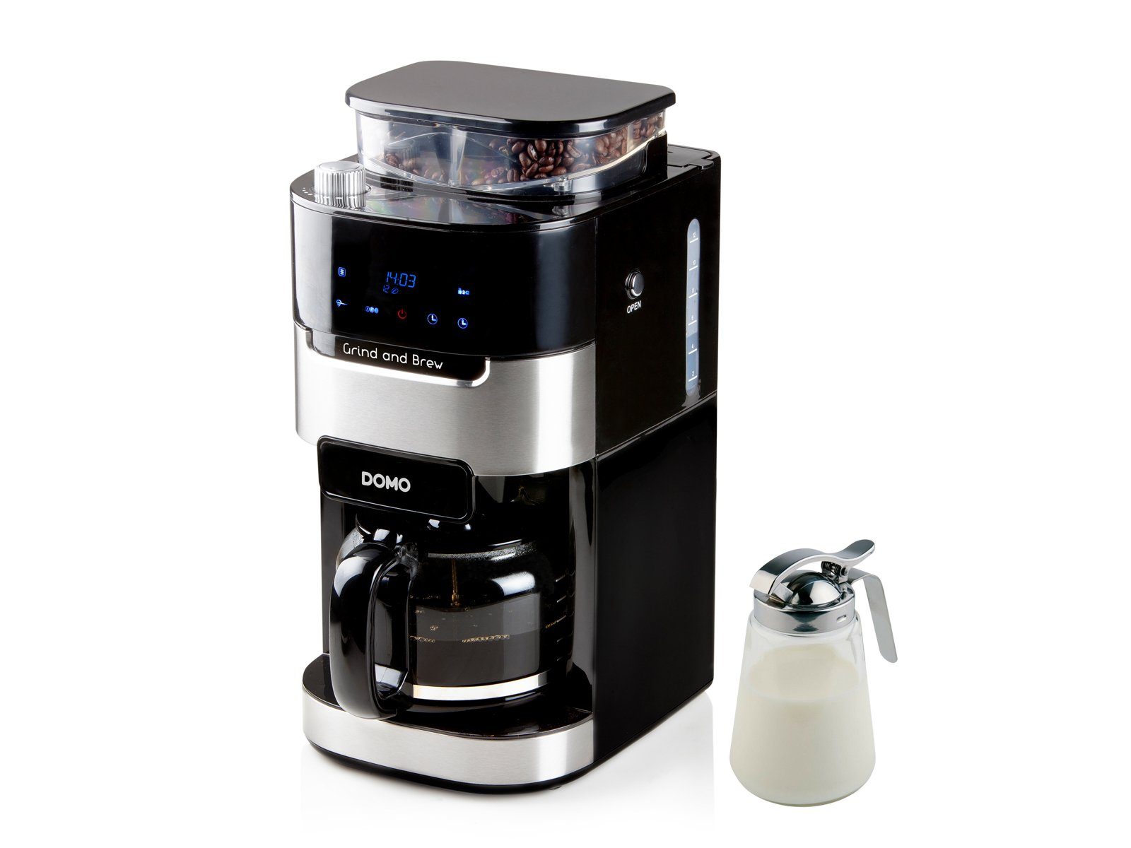 Domo Filterkaffeemaschine, 12 Tassen Glaskanne mit Timer & Mahlwerk für Bohnen, Pulver geeignet