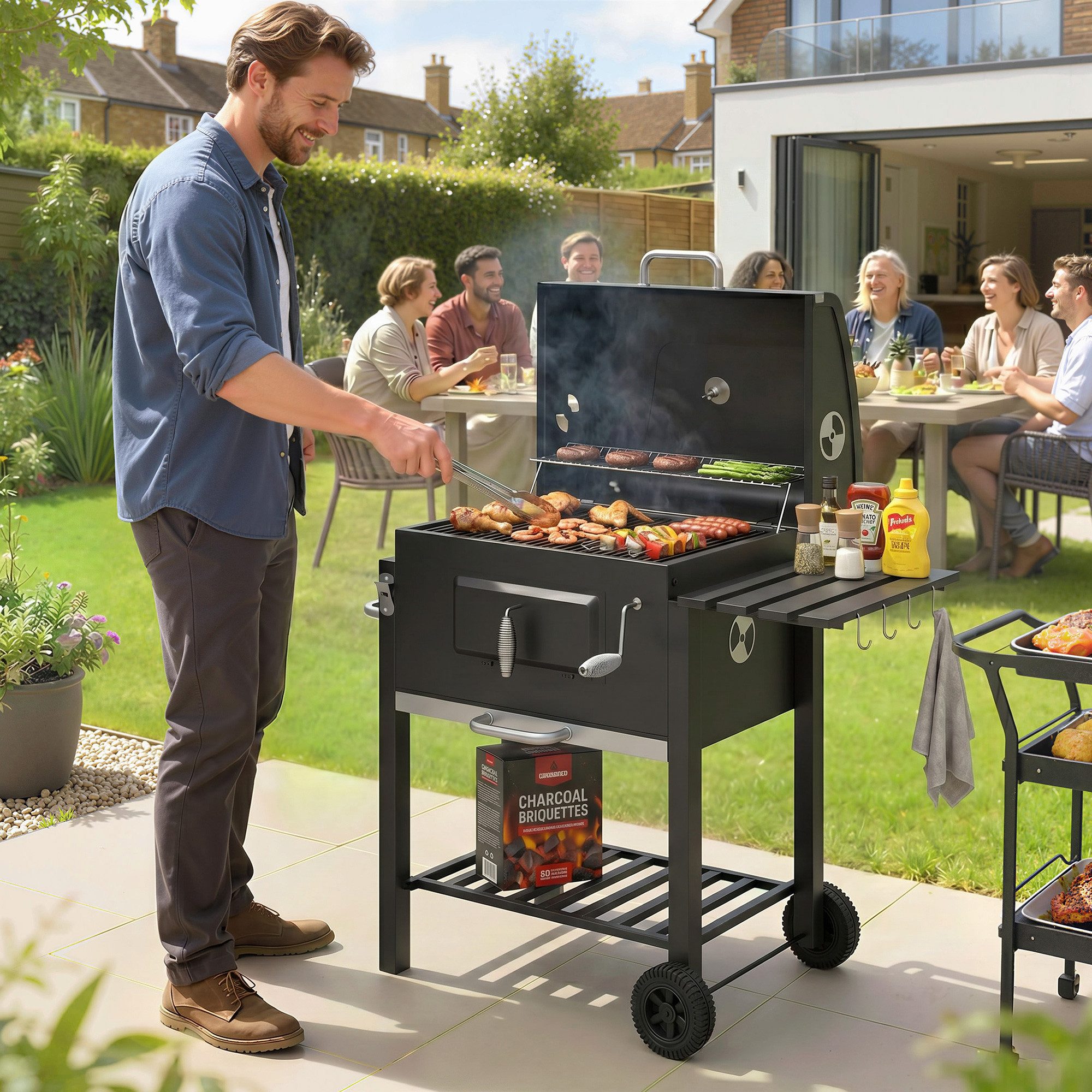 MC Star Holzkohlegrill Holzkohlegrill Smoker BBQ-Smoker, 1 Ablage, 1 Handtuchhalter, 2 Grillroste, 113 cm x 65 cm x 108 cm, Schwarz