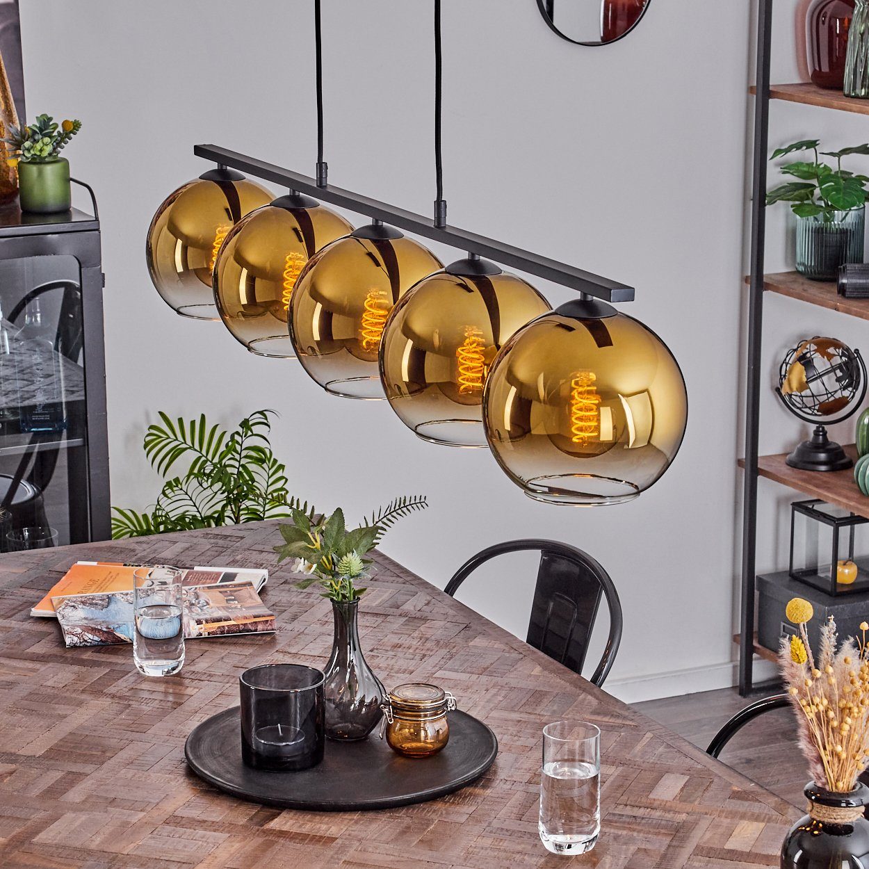 hofstein Pendelleuchte Hängelampe aus Metall/Glas in Schwarz/Goldfarben/Klar, ohne Leuchtmittel, Hängeleuchte mit Glasschirmen (20 cm), Höhe max. 116,5 cm, 5 x E27