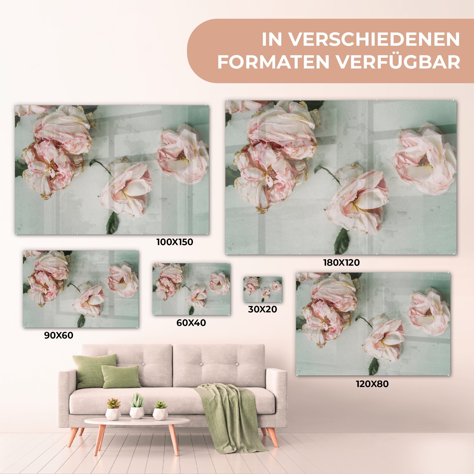 MuchoWow Acrylglasbild Rosen - Wohnzimmer Acrylglasbilder (1 Blumen, St), - Schlafzimmer Getrocknete & Blumen