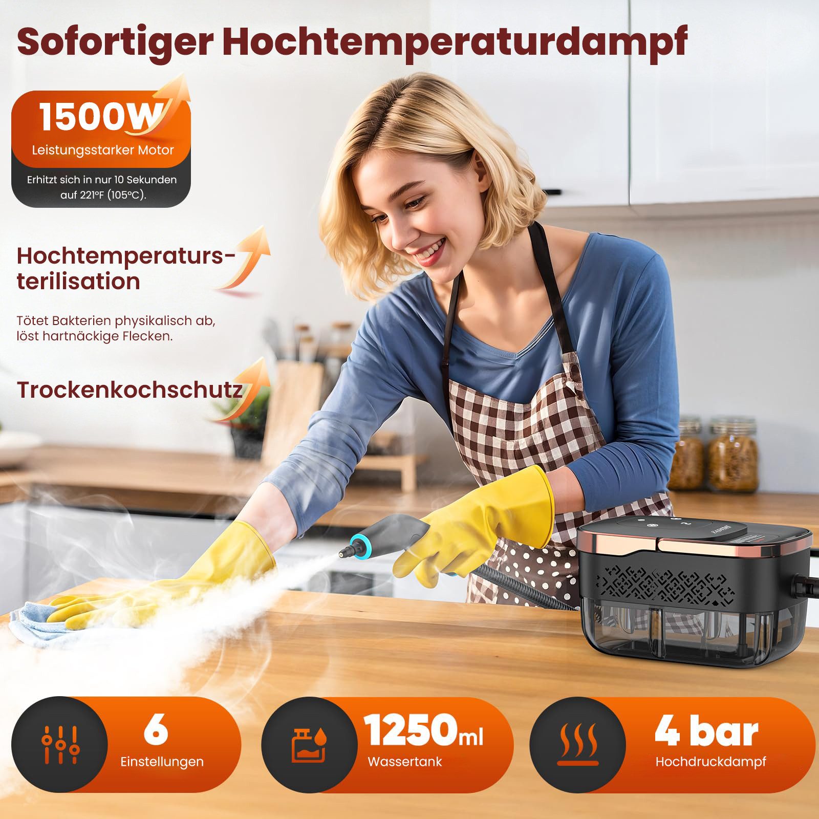 YADIMI Handdampfreiniger 1500W Tragbarer Dampfreiniger mit 1250 ml Wassertank, 1500 W, 6 stufige Leistungsregelung und 10 teiliges Zubehörset, Dampfreiniger für Böden, Küche, Fenster, Badezimmer und Auto
