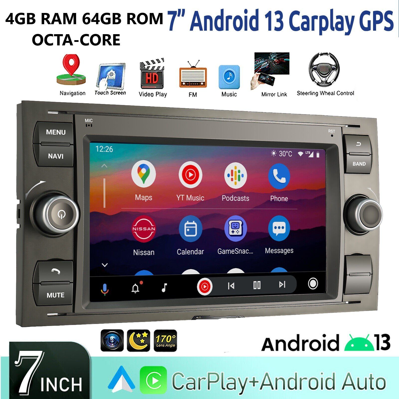 GABITECH 7 zoll Android Autoradio GPS Navi für Ford Focus Transit C S MAX  Autoradio (FM, AM, RDS, Qualcomm Octa Core, 8* A75 64-bit 2.2GHz CPU, 4GB  RAM; 64GB ROM)