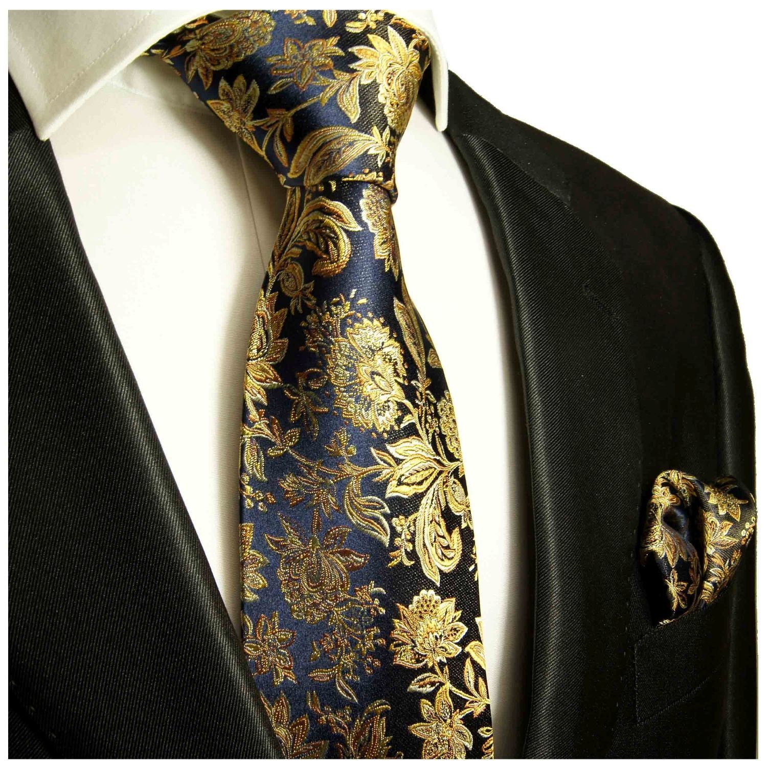 Seide Tuch 100% Krawatte Krawatte (Set, 683 Paul Breit Malone floral Einstecktuch) gold modern Seidenkrawatte mit dunkelblau Herren (8cm), mit braun 2-St.,