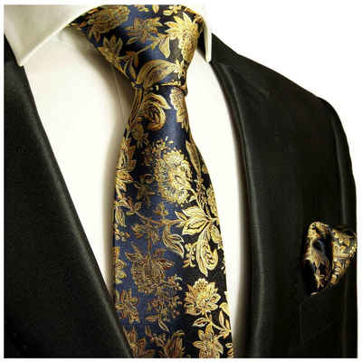 Paul Malone Krawatte Herren Seidenkrawatte mit Tuch modern floral 100% Seide (Set, 2-St., Krawatte mit Einstecktuch) Breit (8cm), dunkelblau gold braun 683