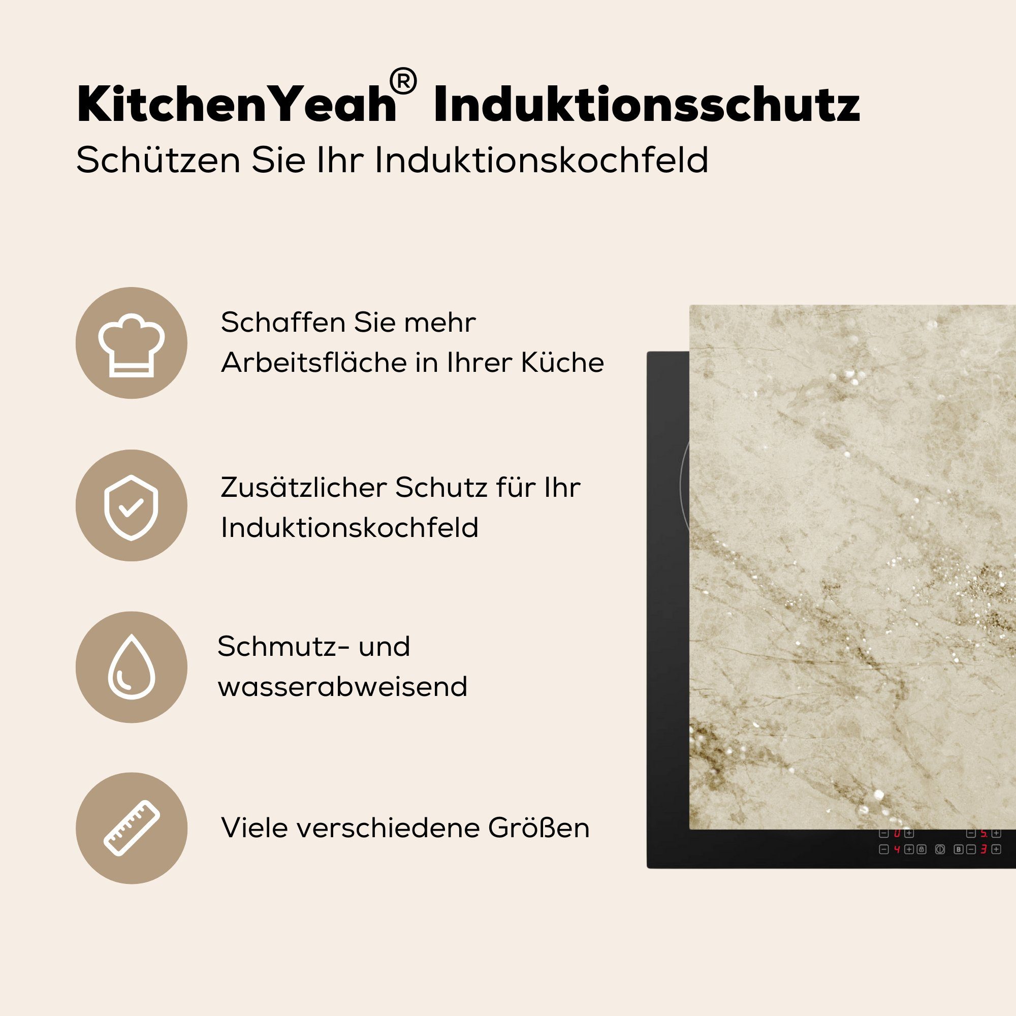 Arbeitsplatte (1 - MuchoWow 78x78 tlg), cm, Marmor für Muster küche Herdblende-/Abdeckplatte - Vinyl, Creme, Ceranfeldabdeckung,