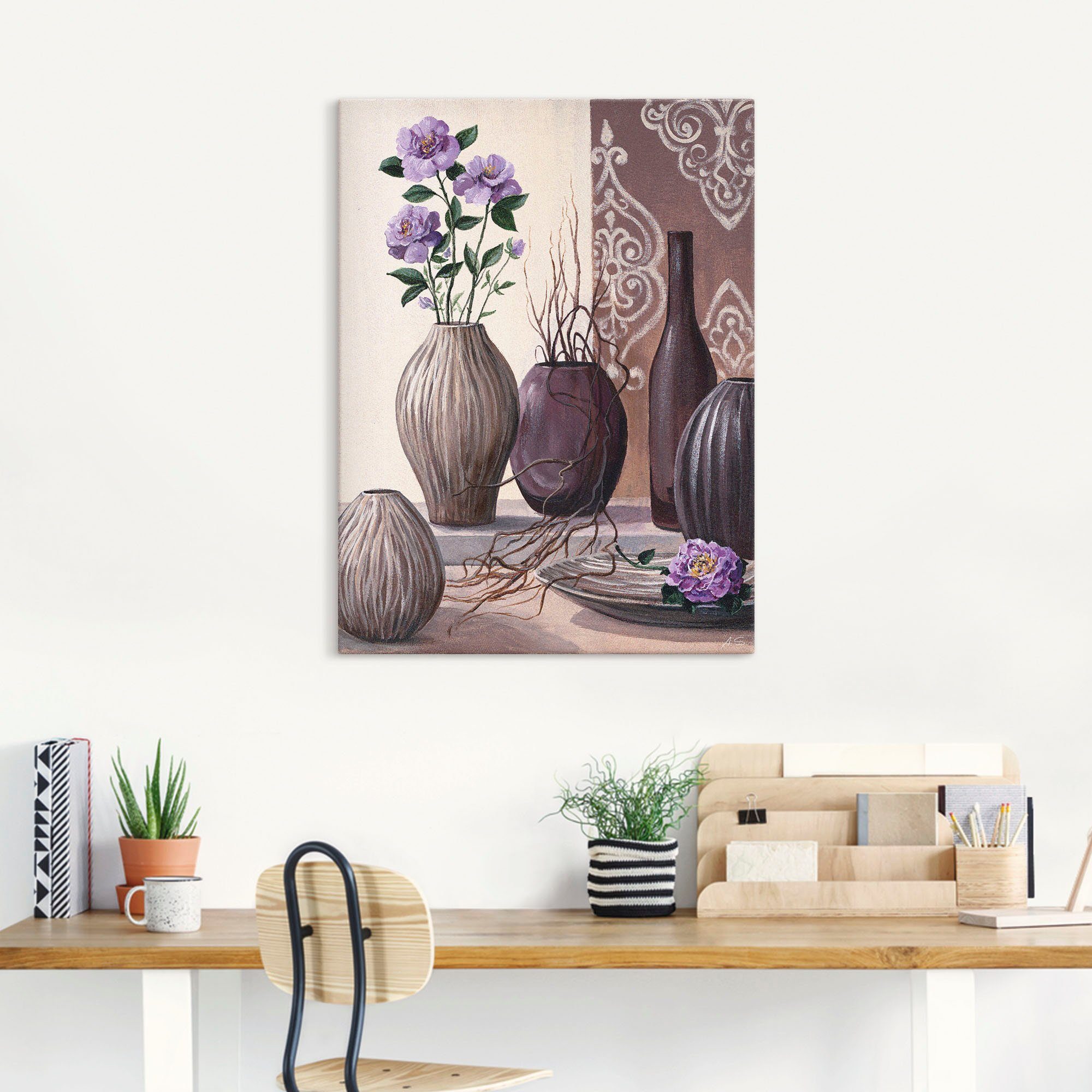 Artland Leinwandbild Violette Rosen und braune Vasen, Vasen & Töpfe (1 St), auf Holzrahmen gespannt